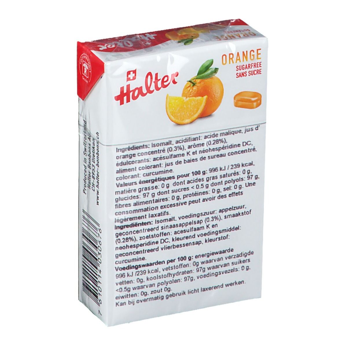 Achterkant van de verpakking Halter Orange bonbons. Ingrediëntenlijst en voedingswaarde. Opschrift: suikervrij, Orange, Bonbons.