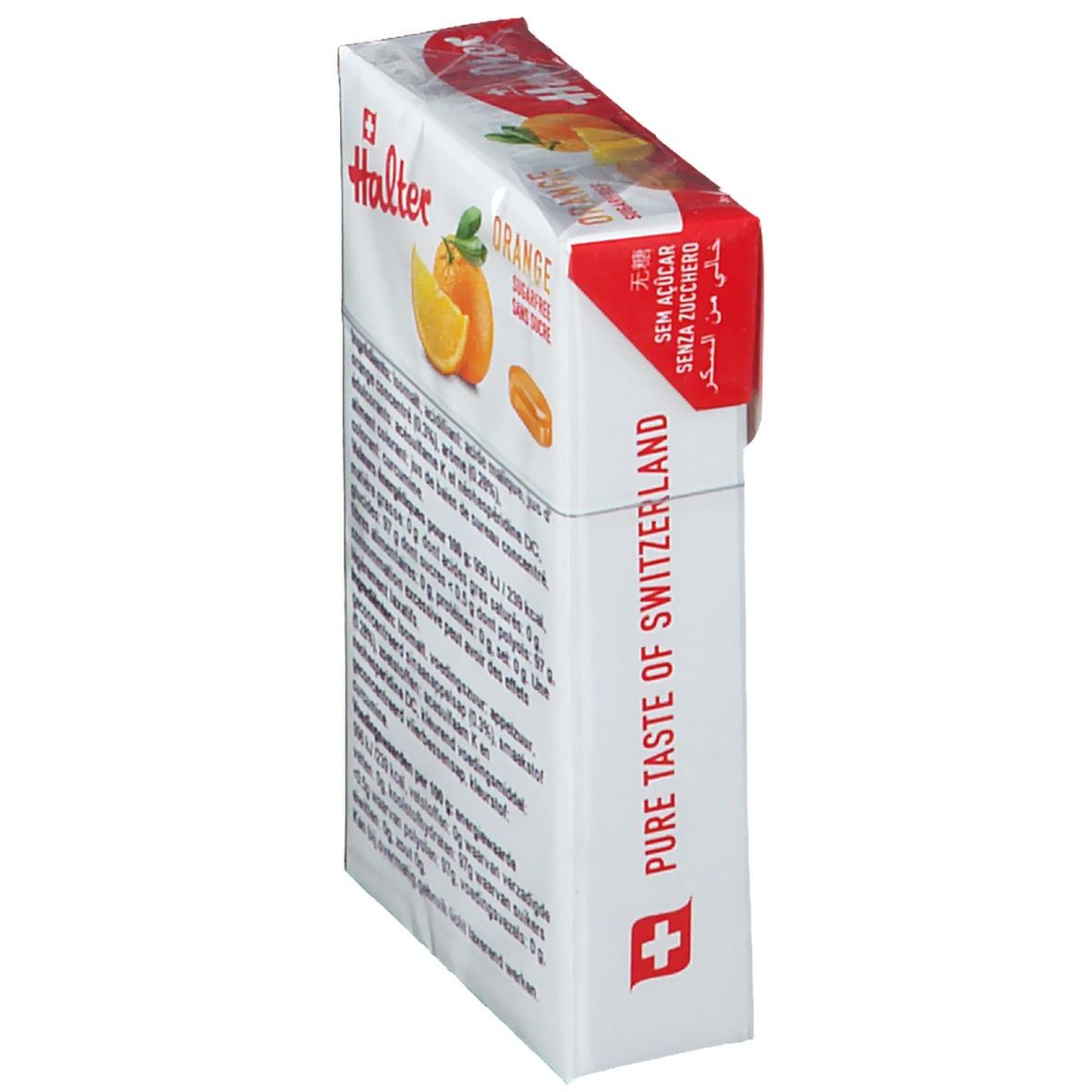 Halter Orange bonbons verpakking, zijaanzicht. Opschrift: Pure Taste of Switzerland, suikervrij, Orange Bonbons.