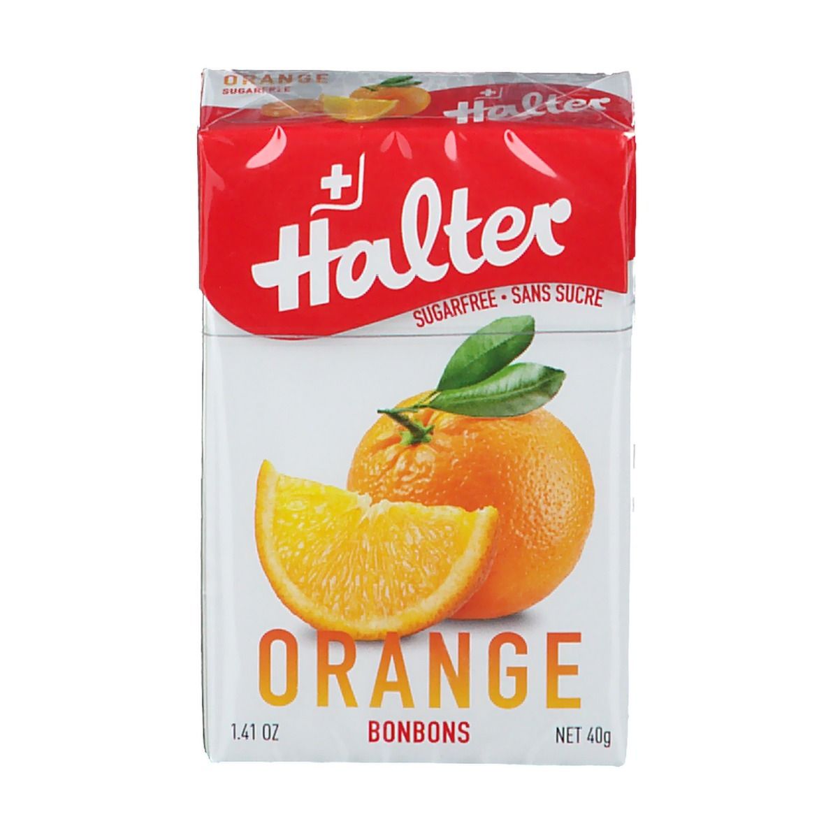 Vooraanzicht van de verpakking Halter Orange bonbons. Afbeelding van een sinaasappel en een schijf. Opschrift: Orange Bonbons, suikervrij.