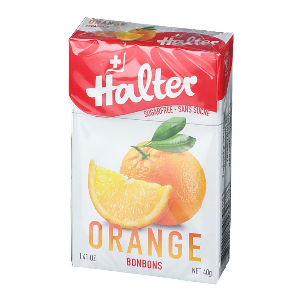 Halter Orange bonbons verpakking, schuin. Afbeelding van een sinaasappel en een schijf. Opschrift: Orange Bonbons, suikervrij.