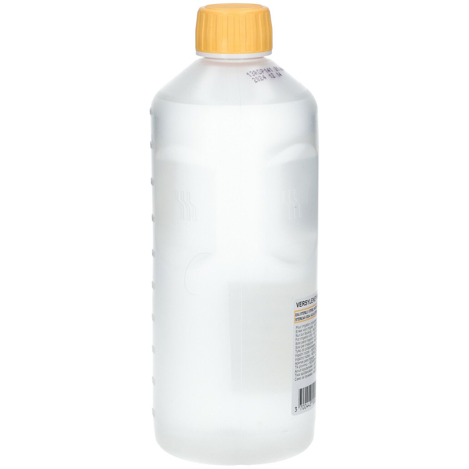 Transparente Flasche mit gelbem Verschluss. Auf der Seite sind Messlinien sichtbar. Etikett mit Produktinformationen.