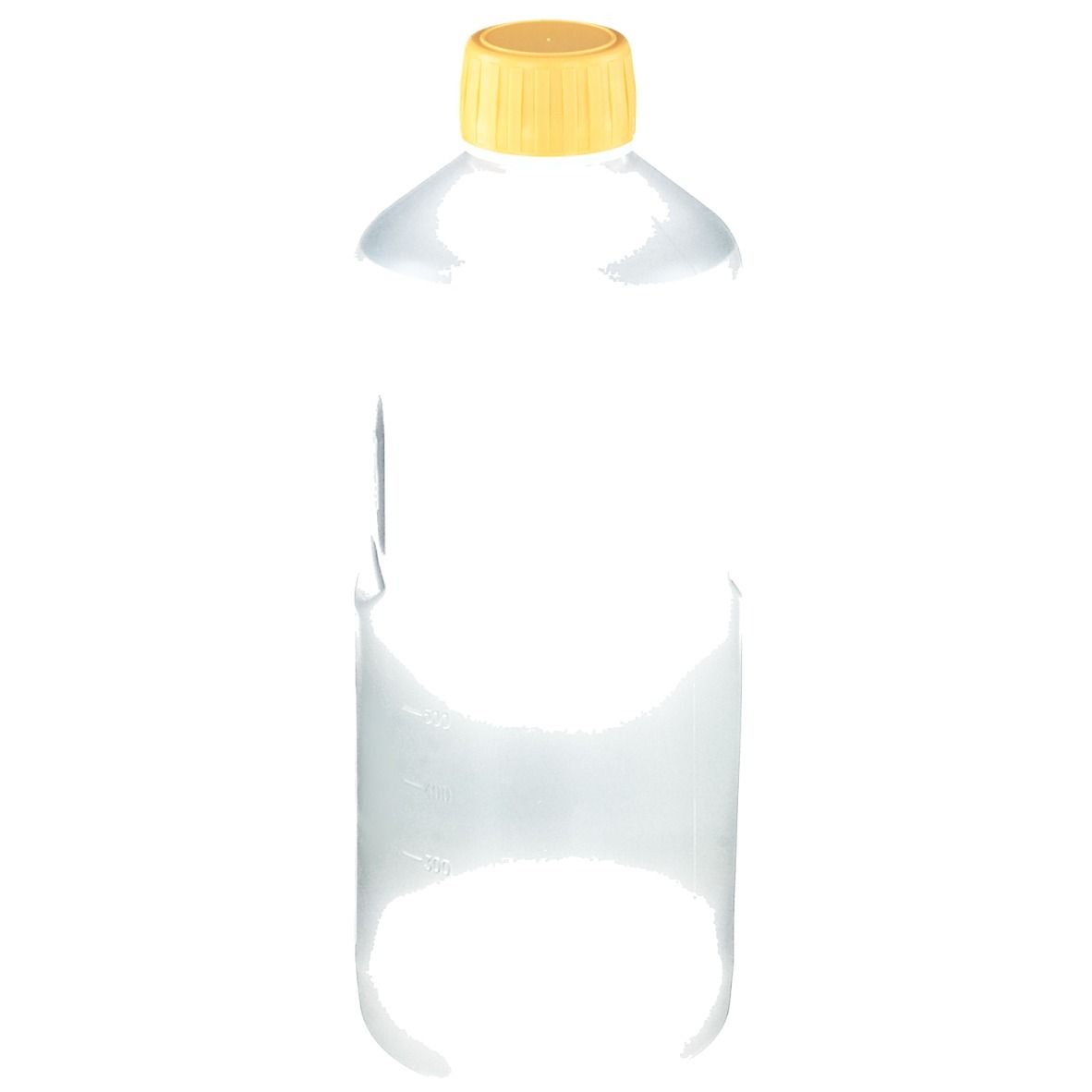 Transparente Flasche mit gelbem Verschluss. Keine weiteren Details sichtbar.