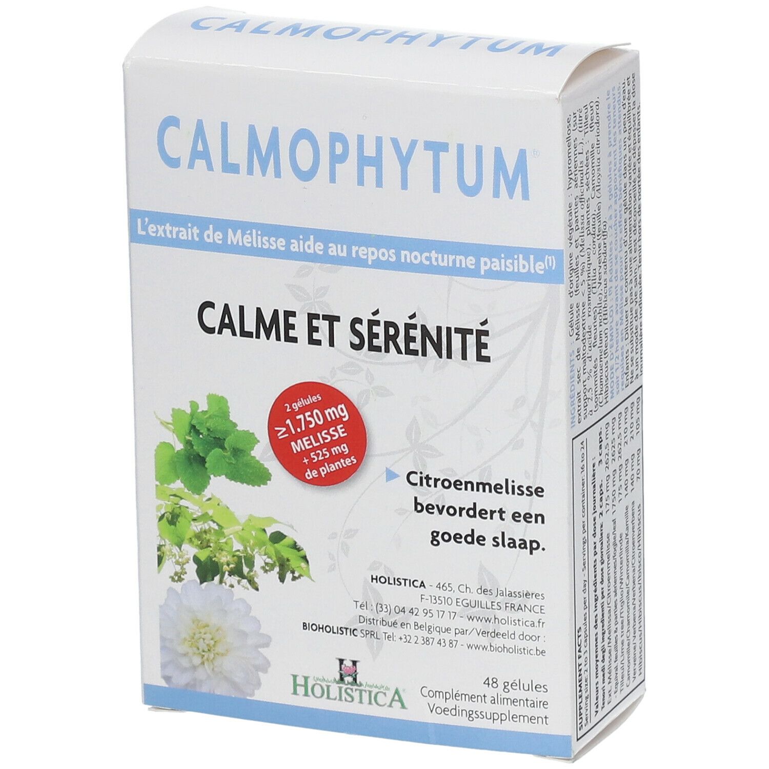 Boîte blanche Calmophytum. Texte: Calme et Sérénité, 48 gélules. Illustrations de plantes. Logo Holistica.