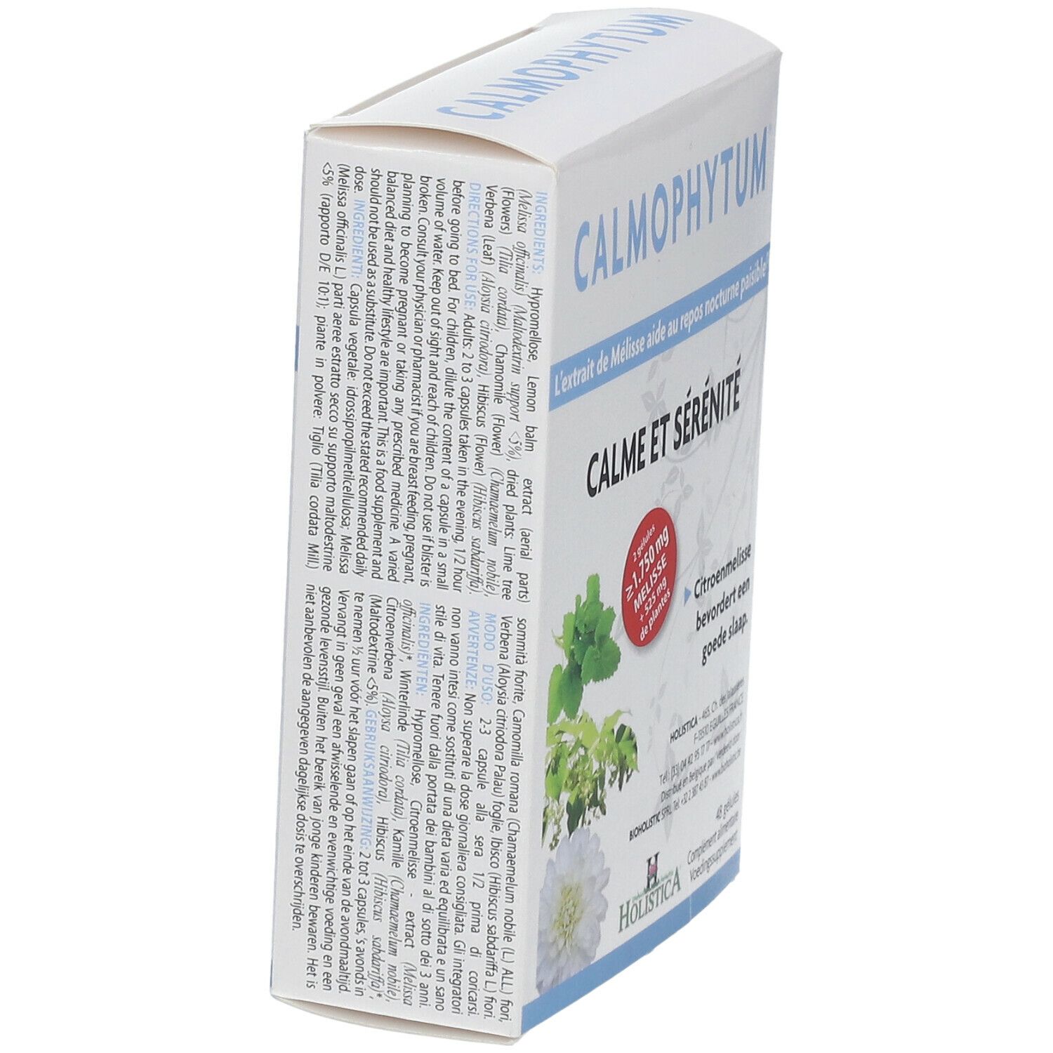 Boîte Calmophytum blanche en biais. Texte et illustrations sur les faces avant et latérale. Logo Holistica.
