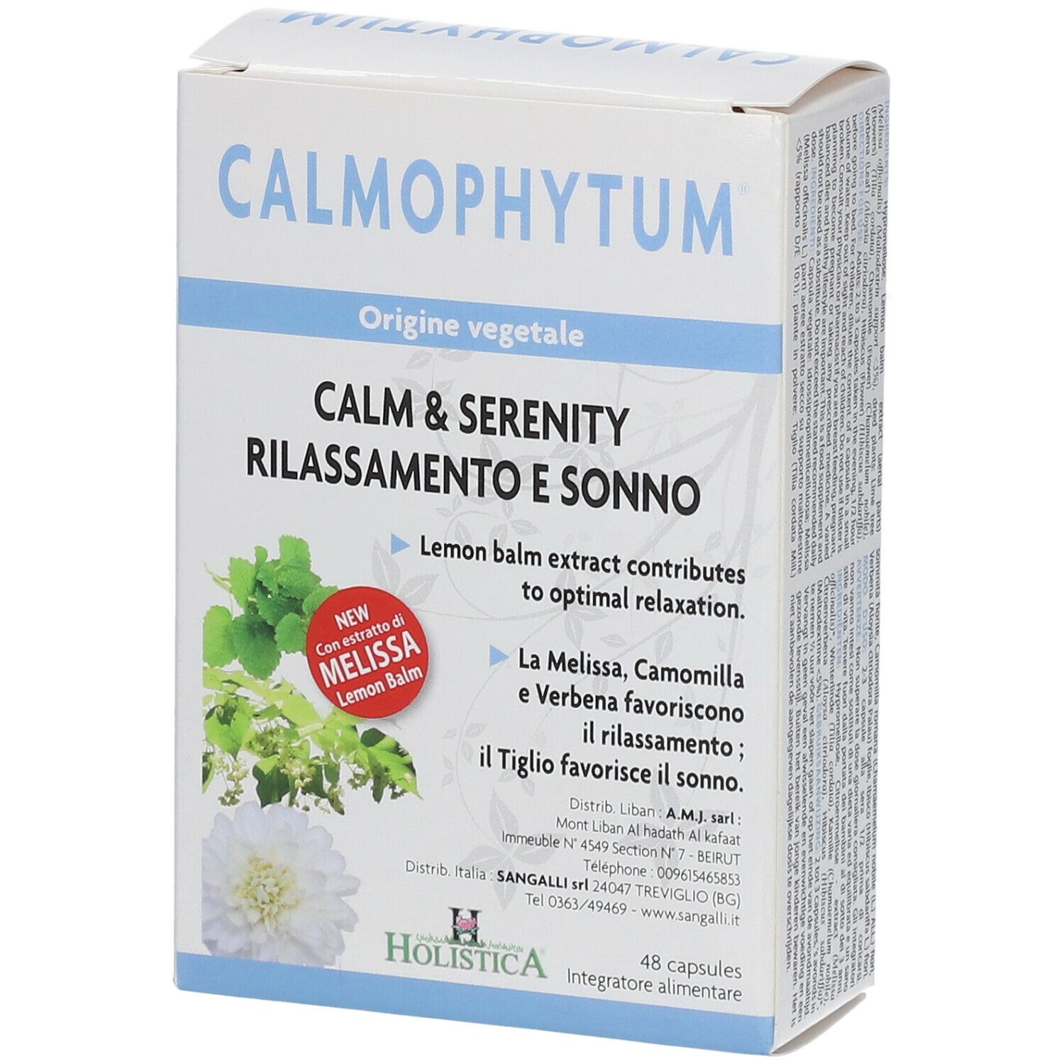Boîte blanche Calmophytum. Texte: Calm & Serenity, Rilassamento e Sonno. Illustrations de plantes. Logo Holistica. 48 capsules.