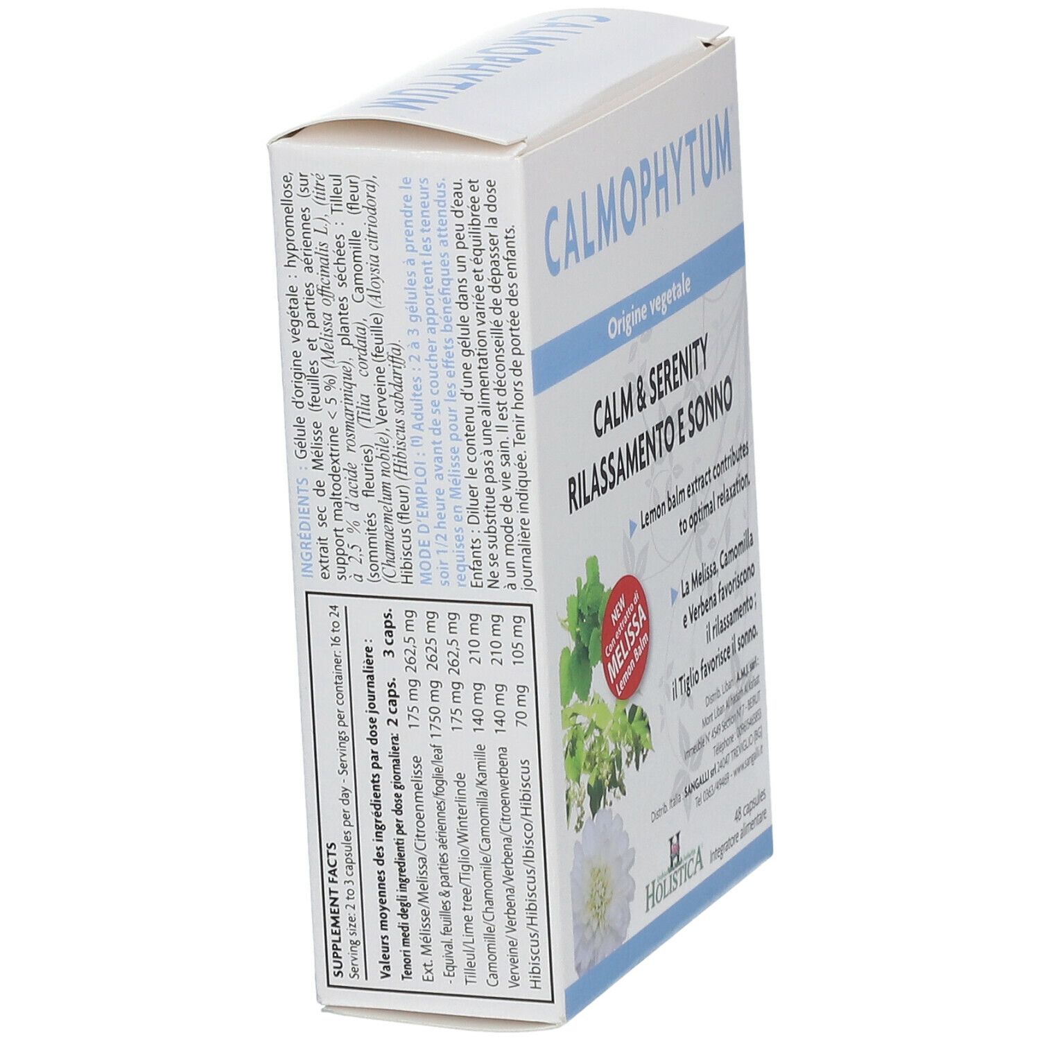 Boîte Calmophytum en biais. Texte: Calm & Serenity, Rilassamento e Sonno. Illustrations de plantes. Logo Holistica. 48 capsules.