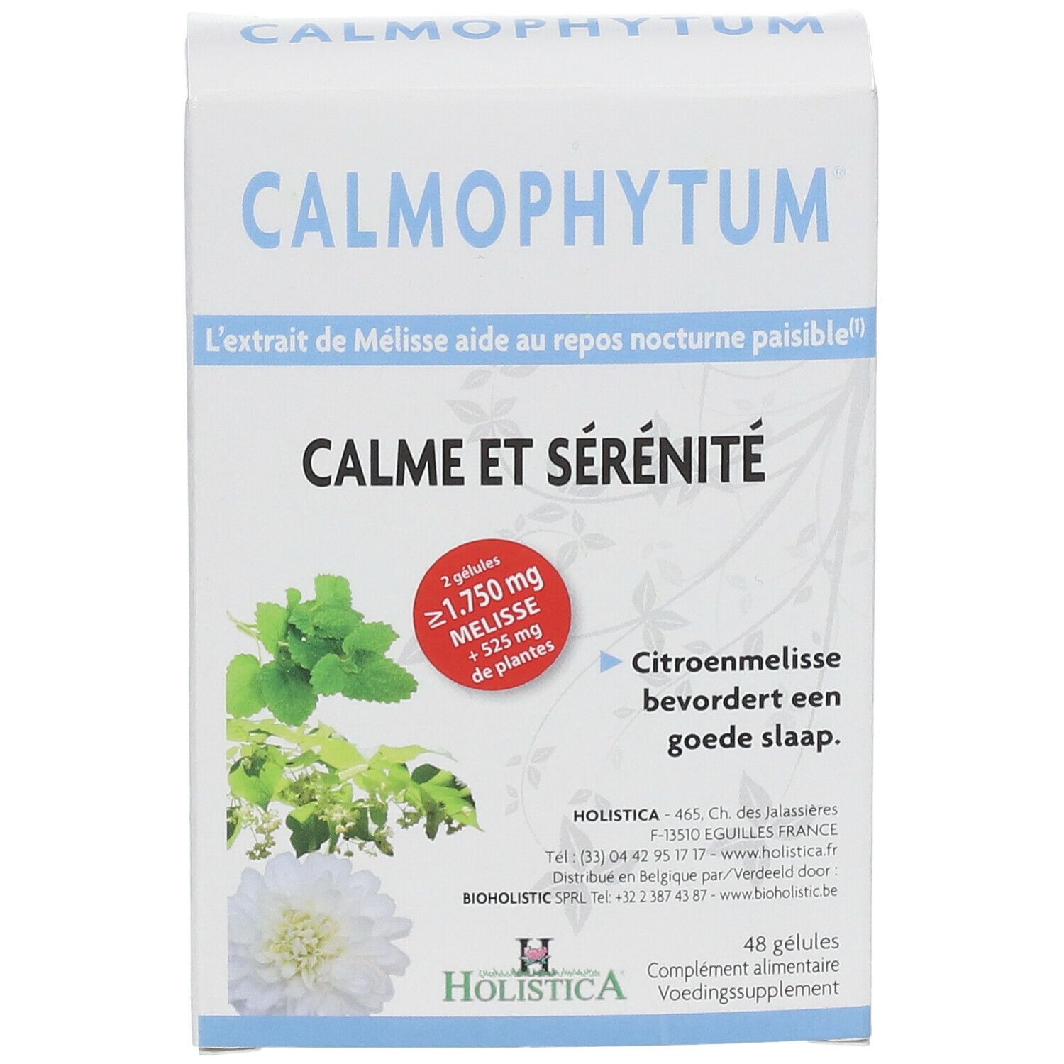 Boîte blanche Calmophytum. Texte: Calme et Sérénité, 48 gélules. Illustrations de plantes. Logo Holistica.