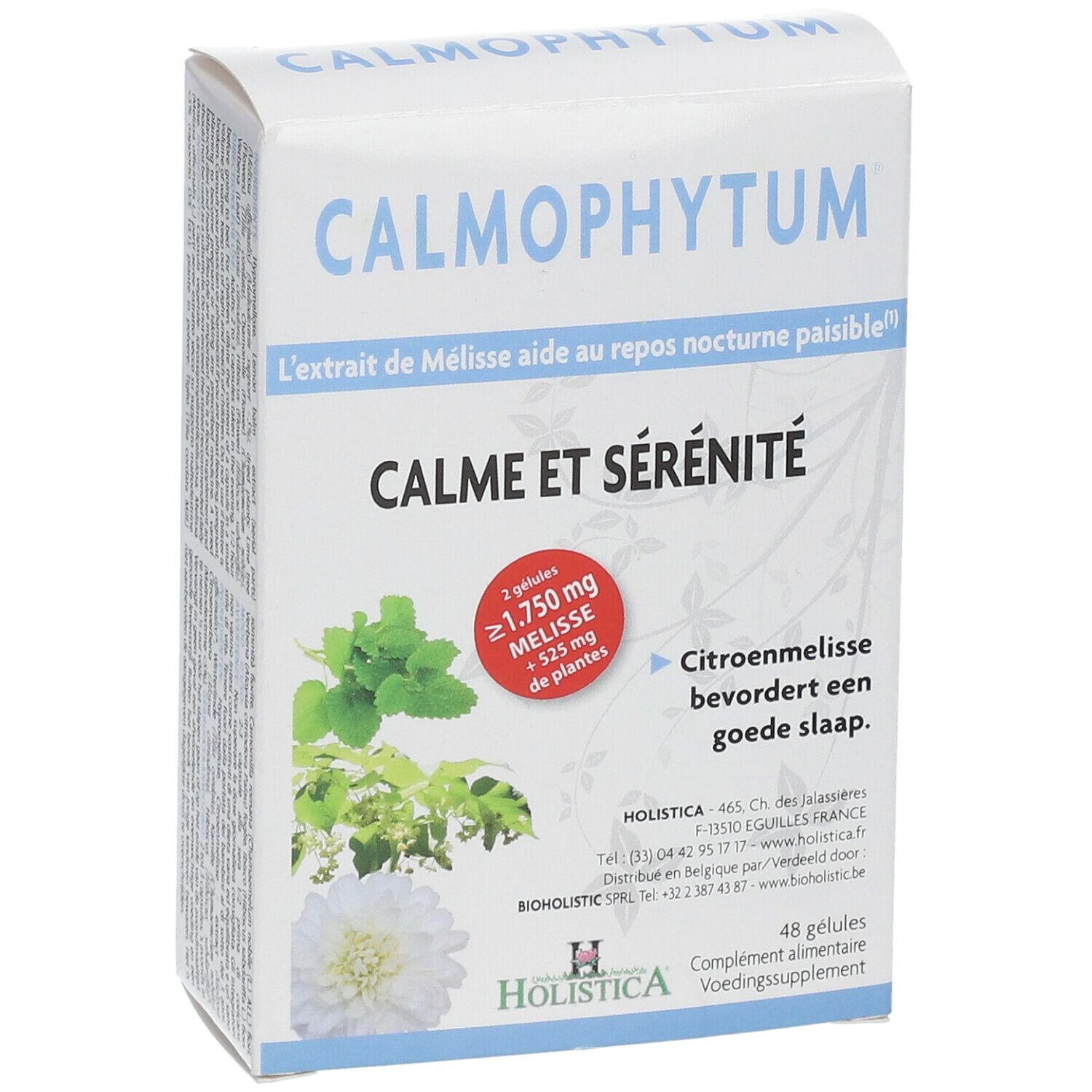 Boîte blanche Calmophytum. Texte: Calme et Sérénité, 48 gélules. Illustrations de plantes. Logo Holistica.