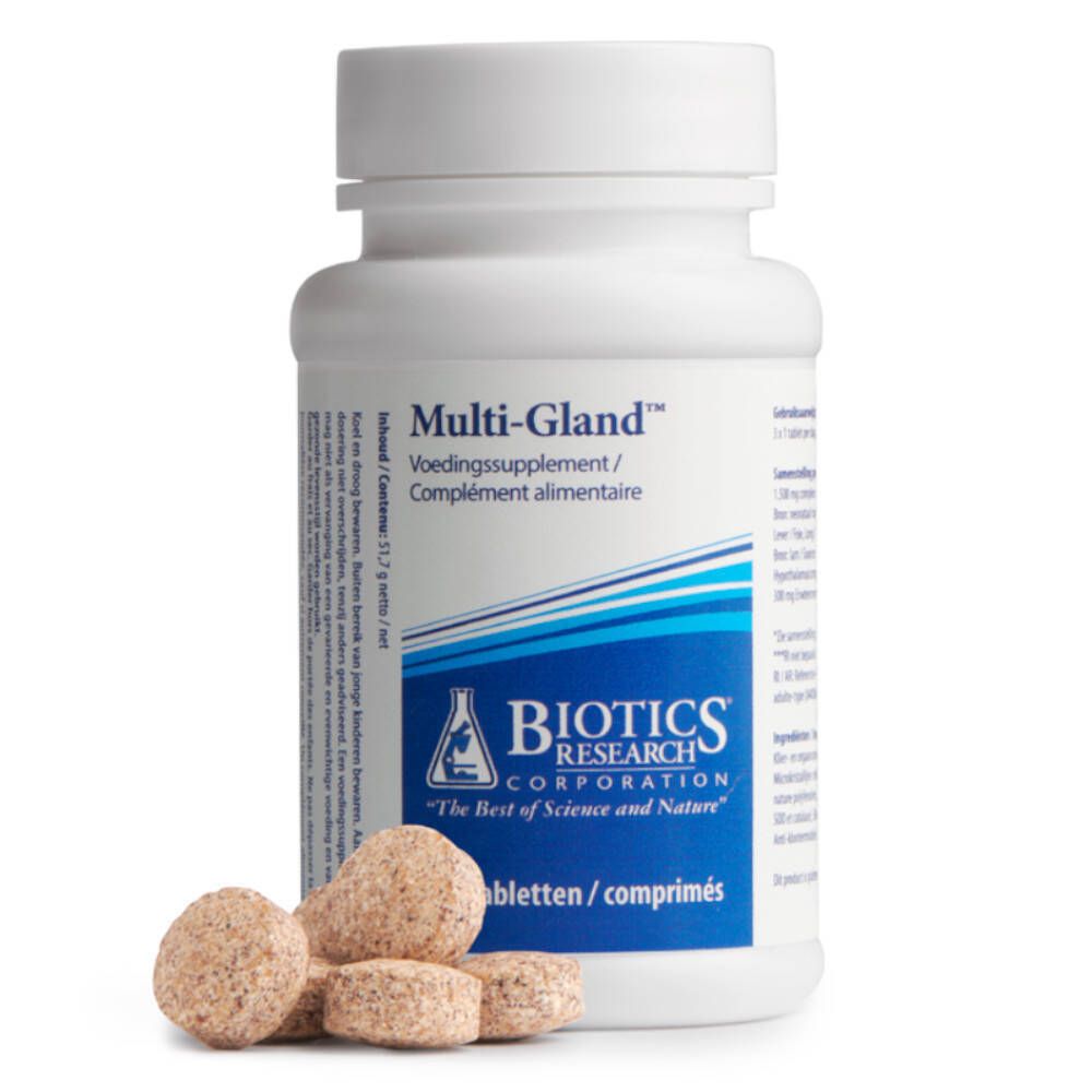 Weiße Flasche mit Tabletten und Tabletten daneben. Aufschrift: Multi-Gland, Voedingssupplement, Biotics Research. 60 Tabletten.