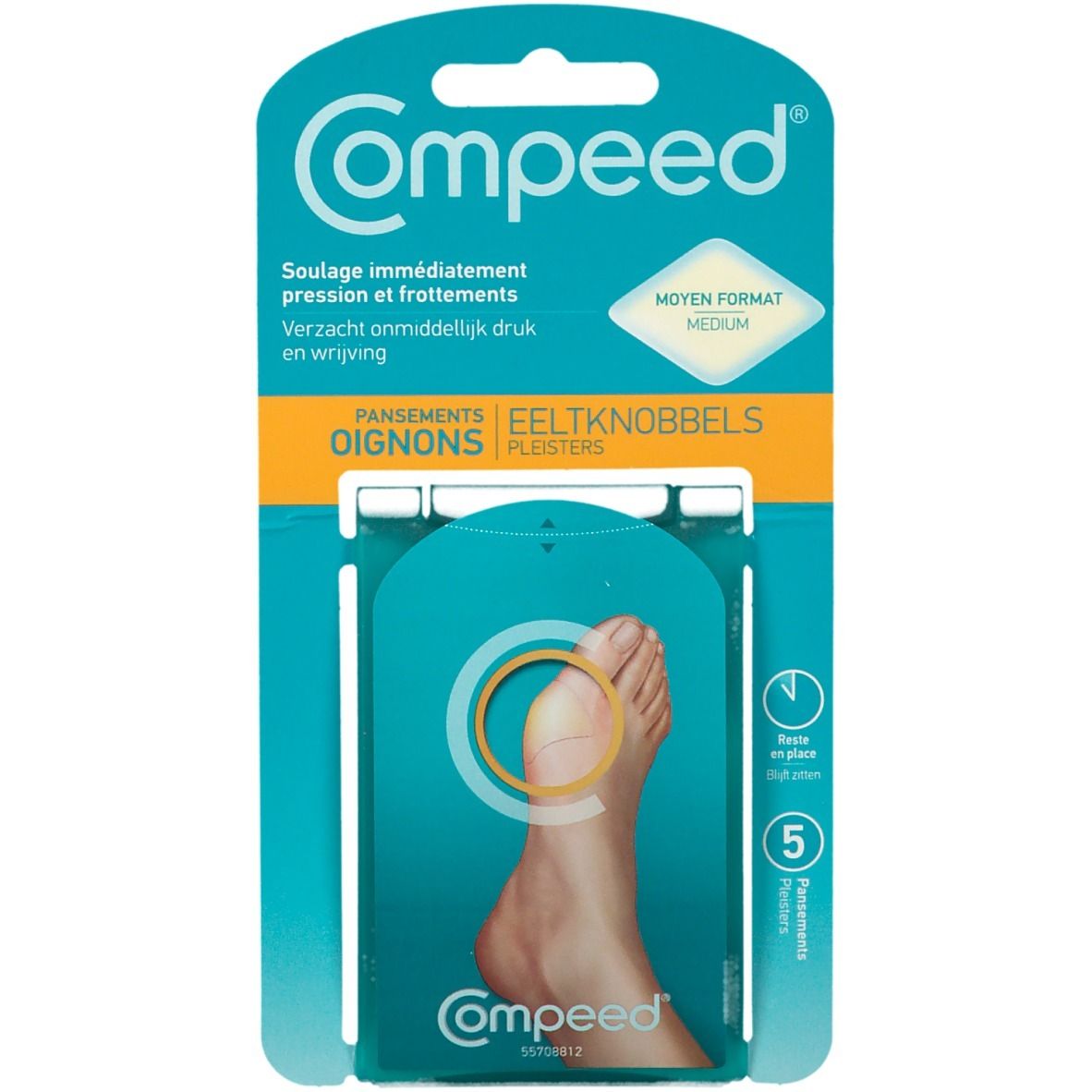 Verpakking met Compeed® Ballenschutzpflaster. Toont pleisters, voet, productnaam en meertalige tekst.