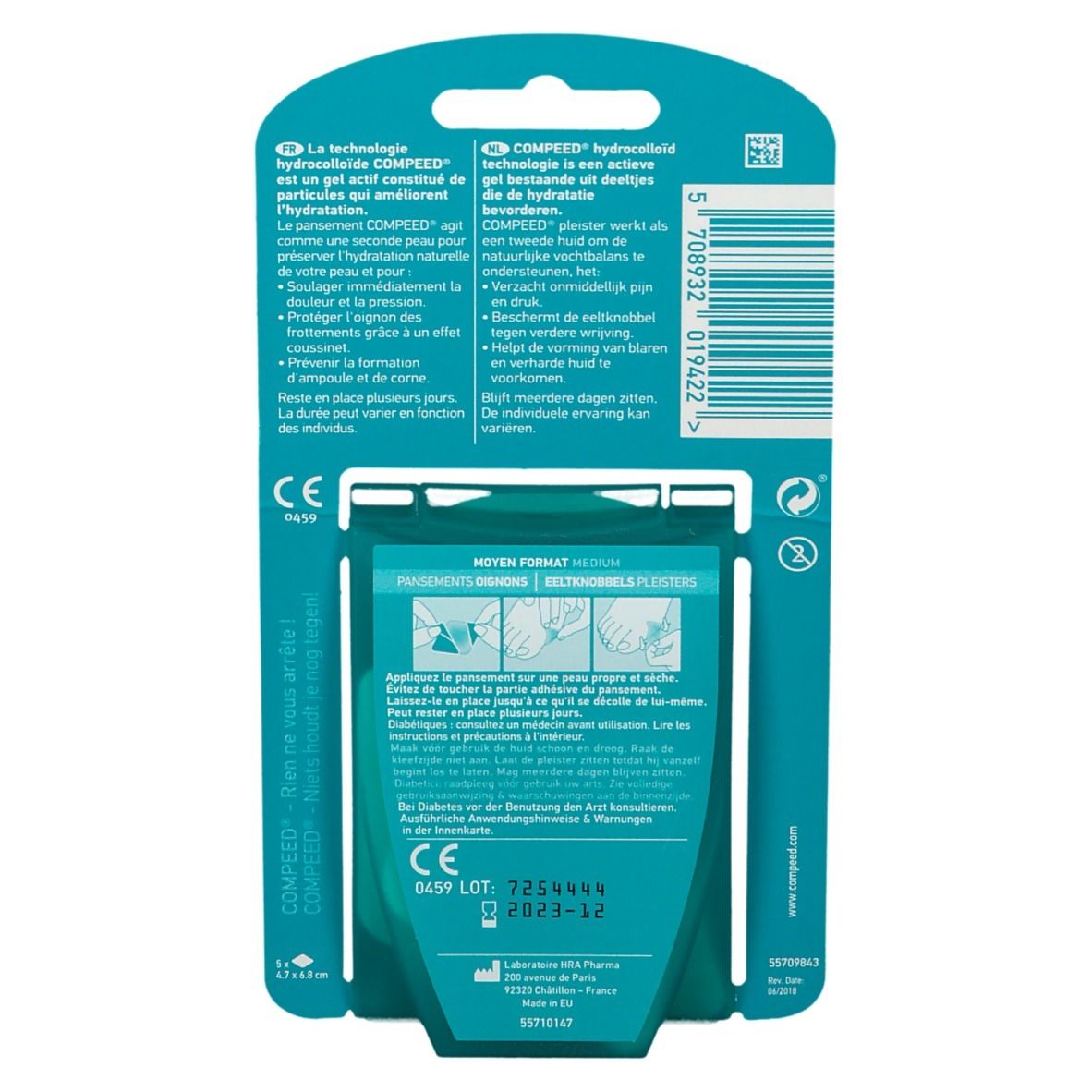 Achterkant van de Compeed® Ballenschutzpflaster verpakking. Toont productinformatie, tekst en CE-markering.