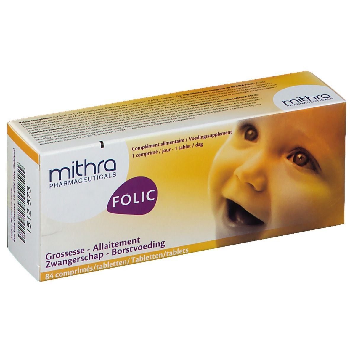 Boîte de Mithra Folic. Inscription : Folic, Grossesse, Allaitement. Image d'un bébé. 84 comprimés.