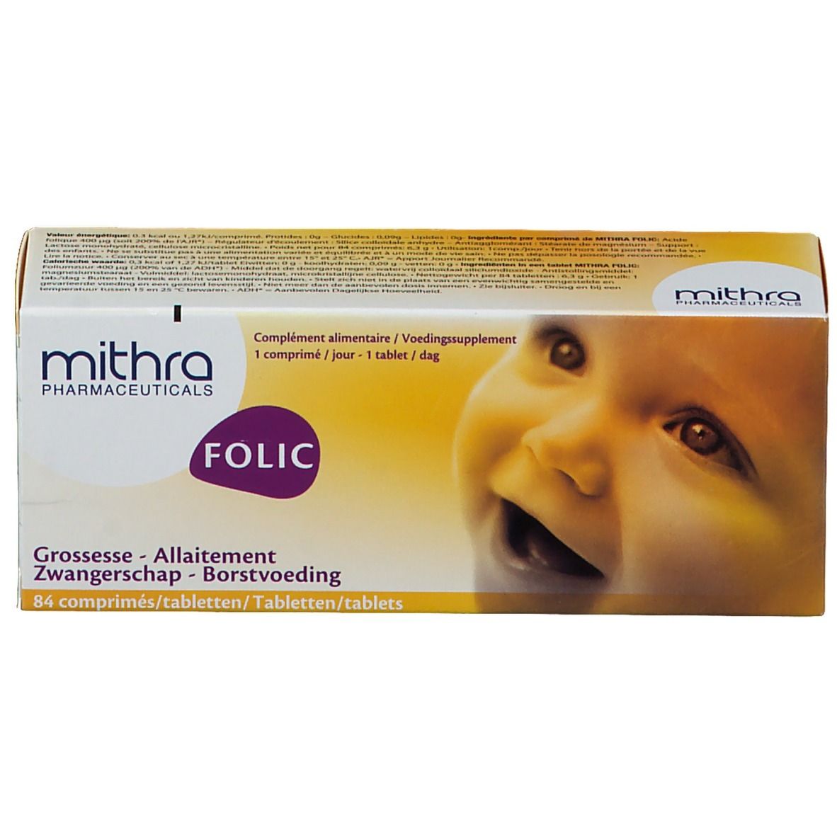 Boîte de Mithra Folic. Inscription : Folic, Grossesse, Allaitement. Image d'un bébé. 84 comprimés.