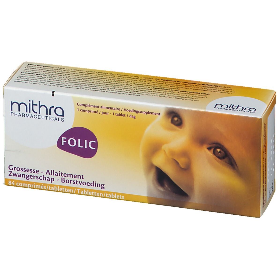 Boîte de Mithra Folic. Inscription : Folic, Grossesse, Allaitement. Image d'un bébé. 84 comprimés.