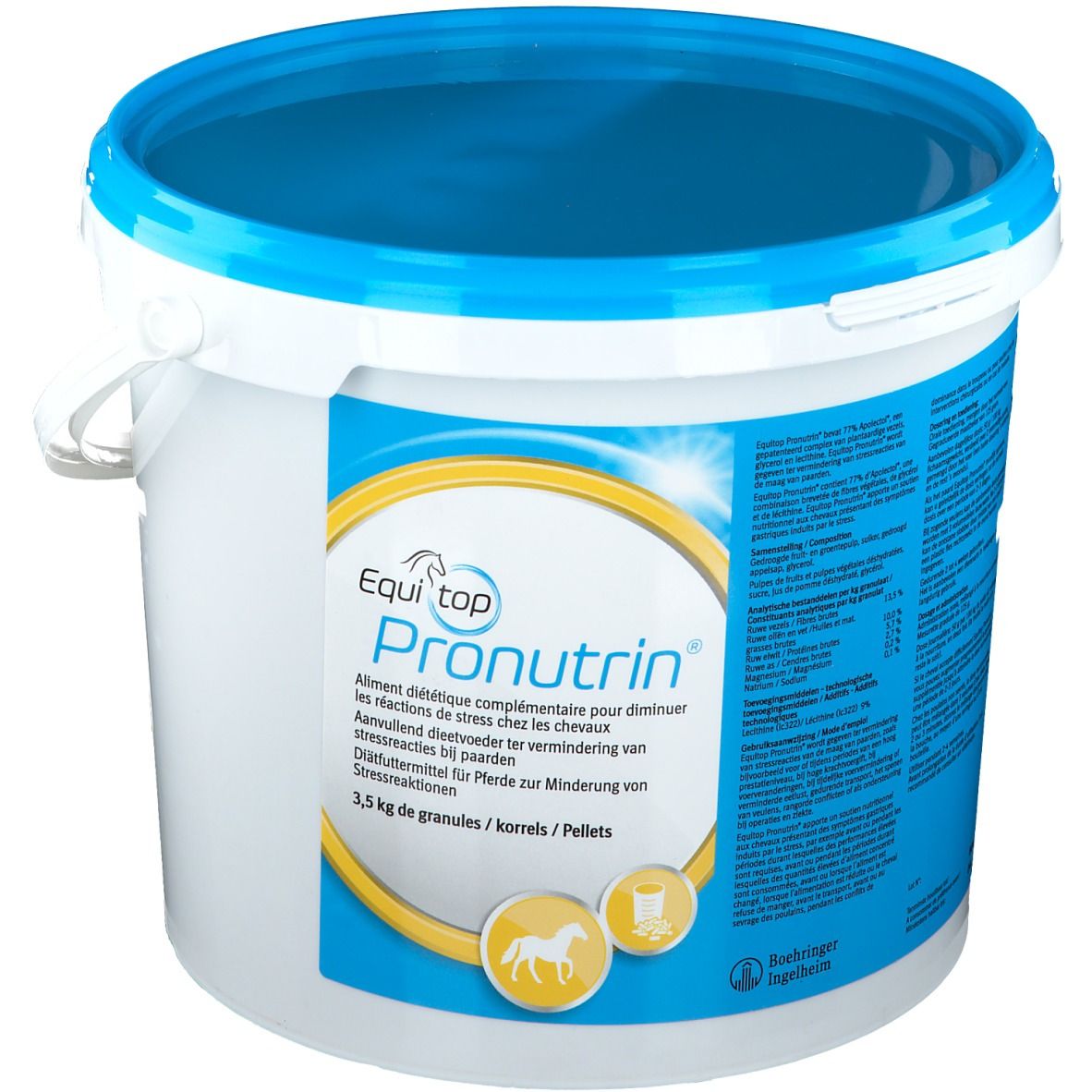 Seau blanc avec couvercle bleu. Étiquette avec nom du produit Pronutrin et marque Equi top. Texte multilingue. 3,5 kg de granulés.