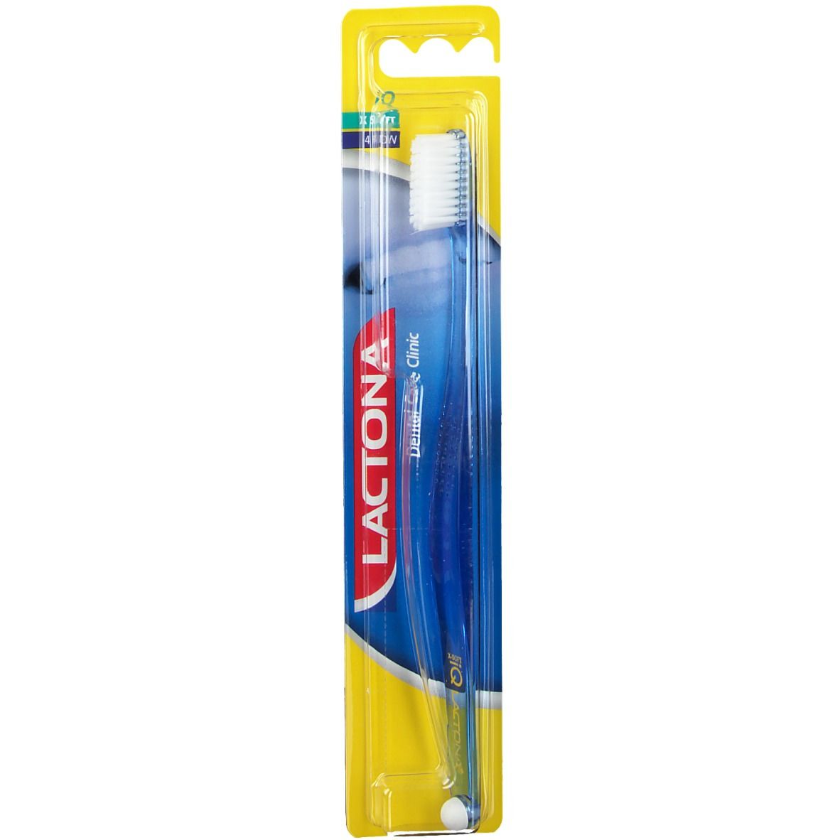 Brosse à dents Lactona IQ Extra Soft dans un emballage blister. Manche bleu, tête de brosse blanche. Emballage jaune et bleu avec logo.