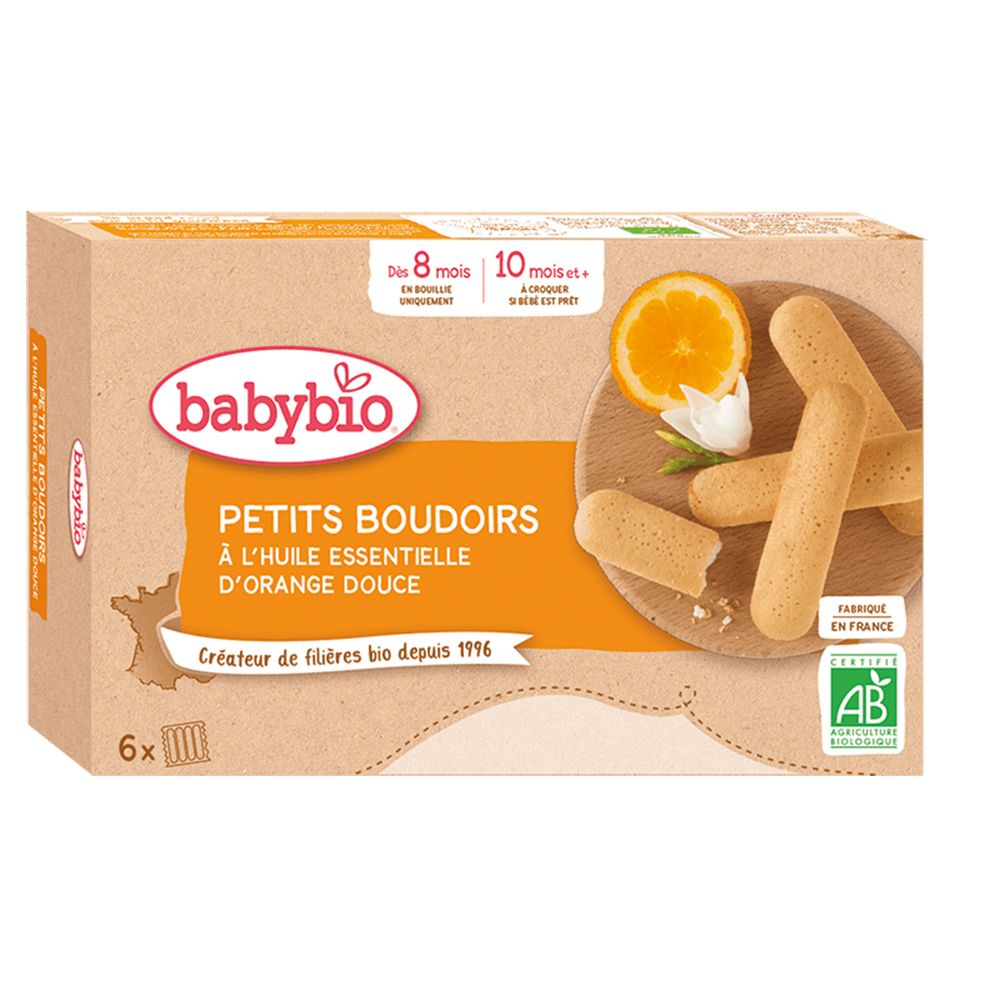 Boîte de Babybio Petits Boudoirs. Ingrédients: À l'huile essentielle d'orange douce. Label AB. 6x boudoirs.