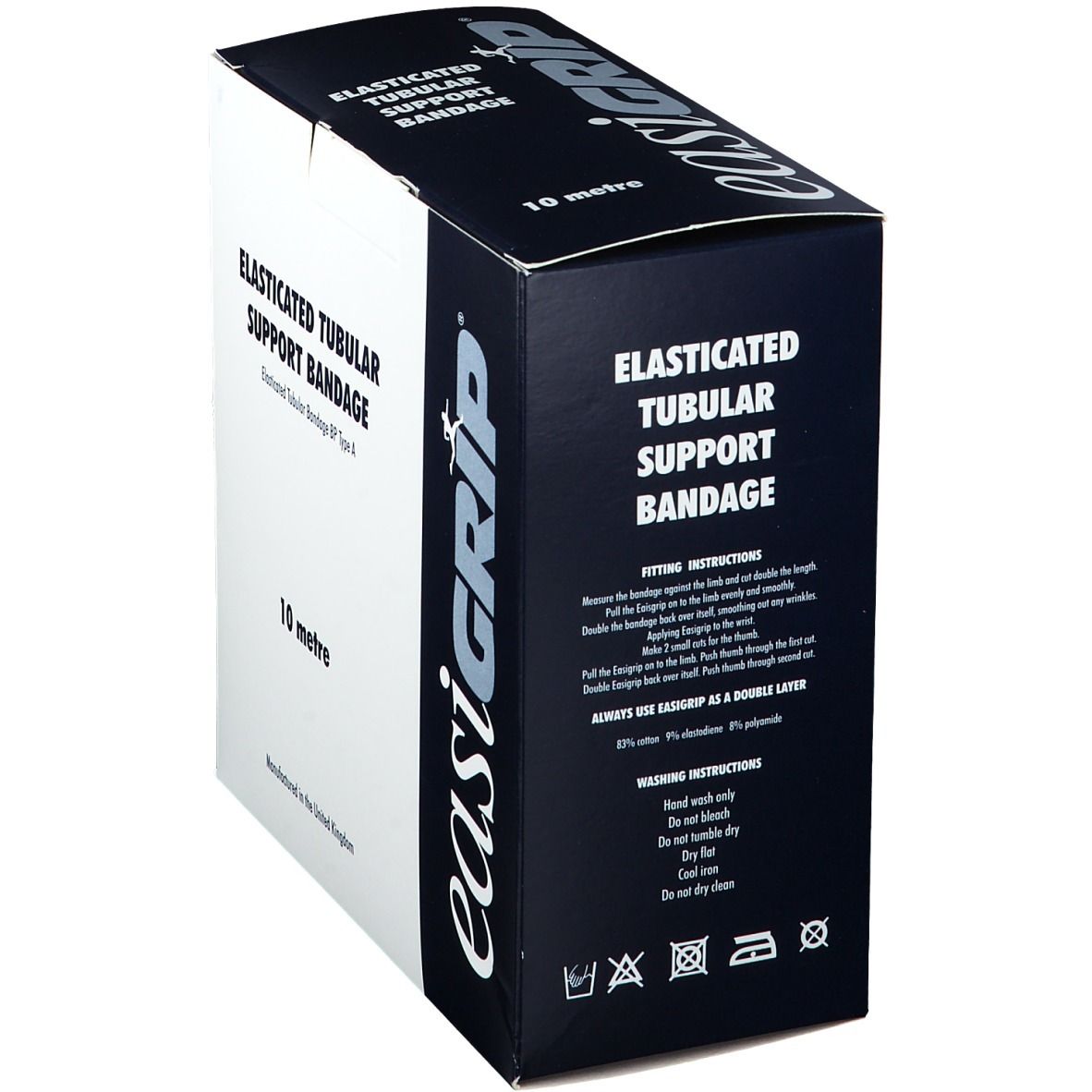 Boîte de bandage tubulaire élastique. Texte: Bandage tubulaire élastique, 10 mètres. Marque: easigrip. Instructions d'utilisation et symboles de lavage.