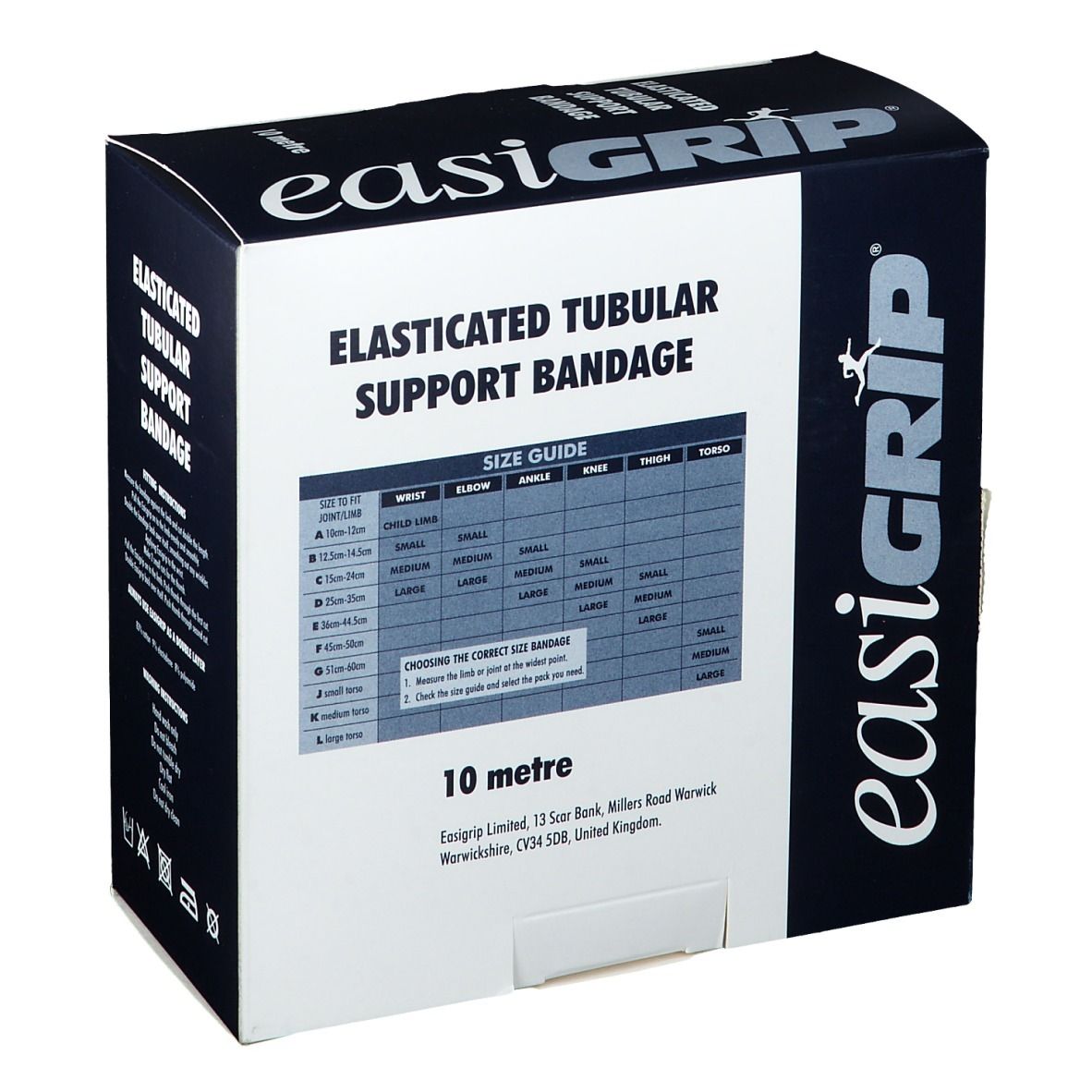 Boîte de bandage tubulaire élastique. Texte: Bandage tubulaire élastique, 10 mètres. Marque: easigrip. Tableau des tailles pour différentes parties du corps.