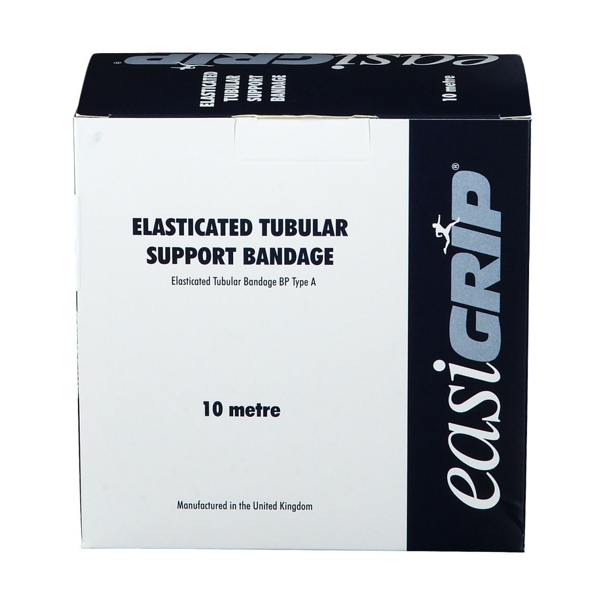 Boîte de bandage tubulaire élastique. Texte: Bandage tubulaire élastique, 10 mètres. Marque: easigrip. Fabriqué au Royaume-Uni.