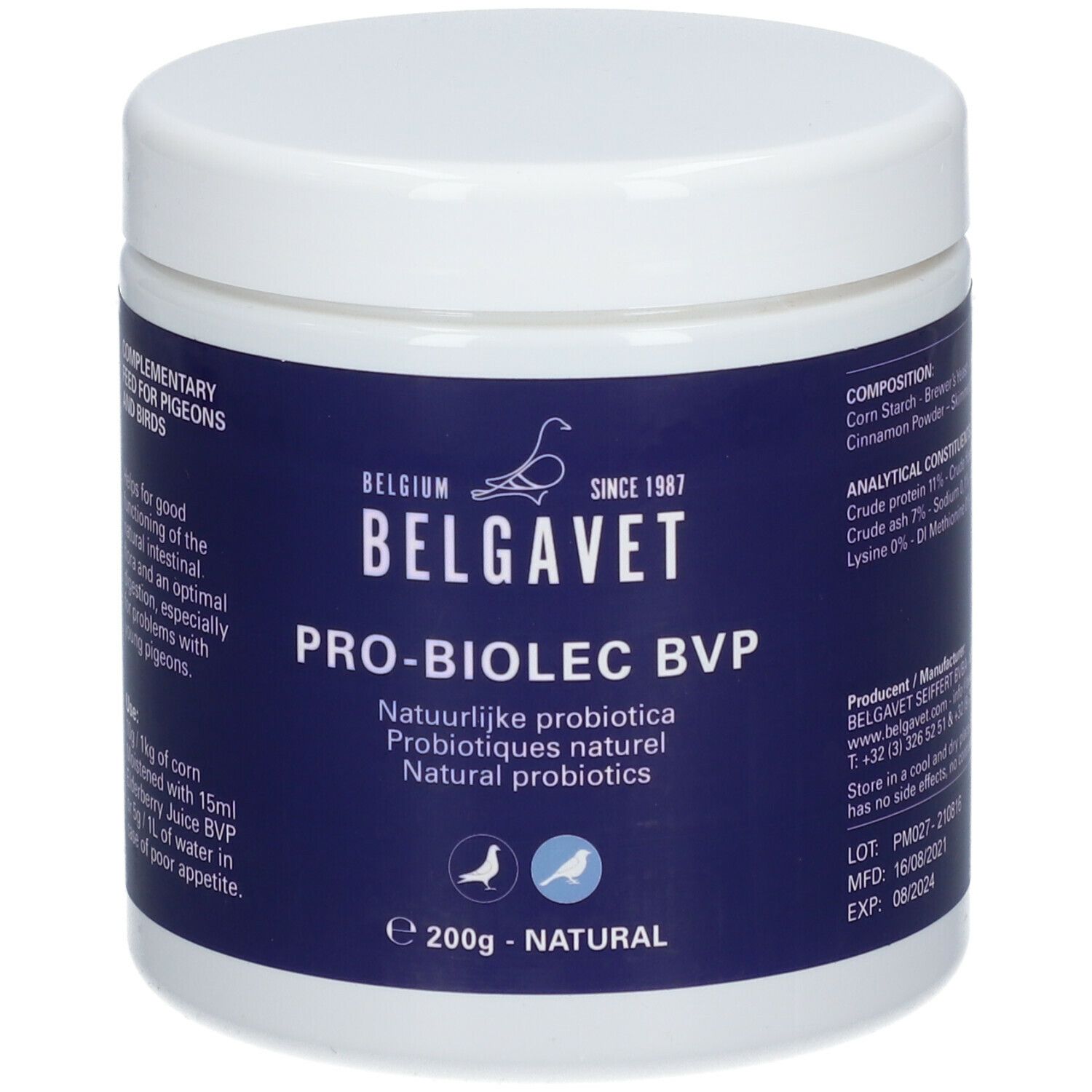 Wit, cilindrisch vat met blauw etiket. Opschrift: PRO-BIOLEC BVP, Belgavet, 200g - NATURAL. Vogel-logo.