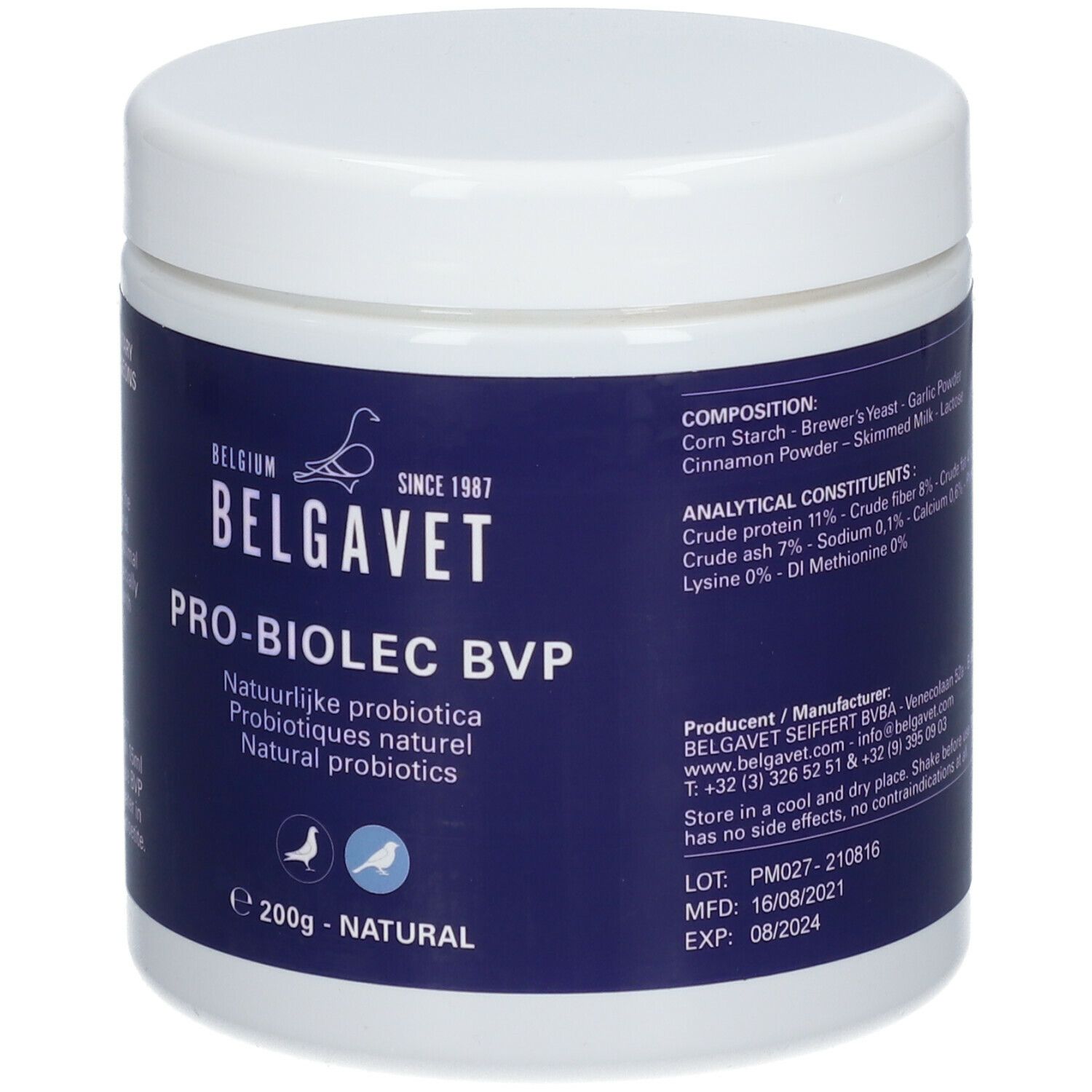 Wit, cilindrisch vat met blauw etiket. Opschrift: PRO-BIOLEC BVP, Belgavet, 200g - NATURAL. Ingrediënten.