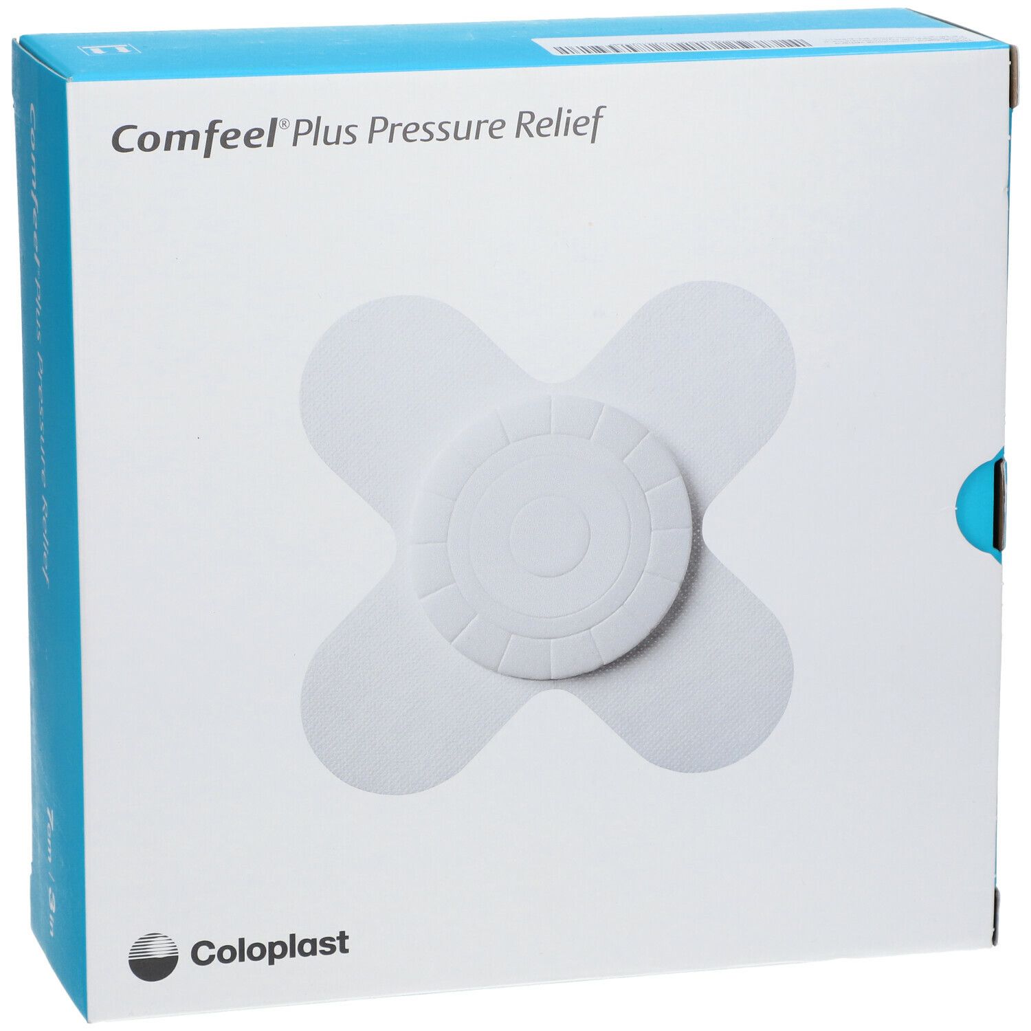 Vooraanzicht van de verpakking van Comfeel Plus Pressure Relief bandage. Witte doos met productafbeelding. Merk Coloplast.