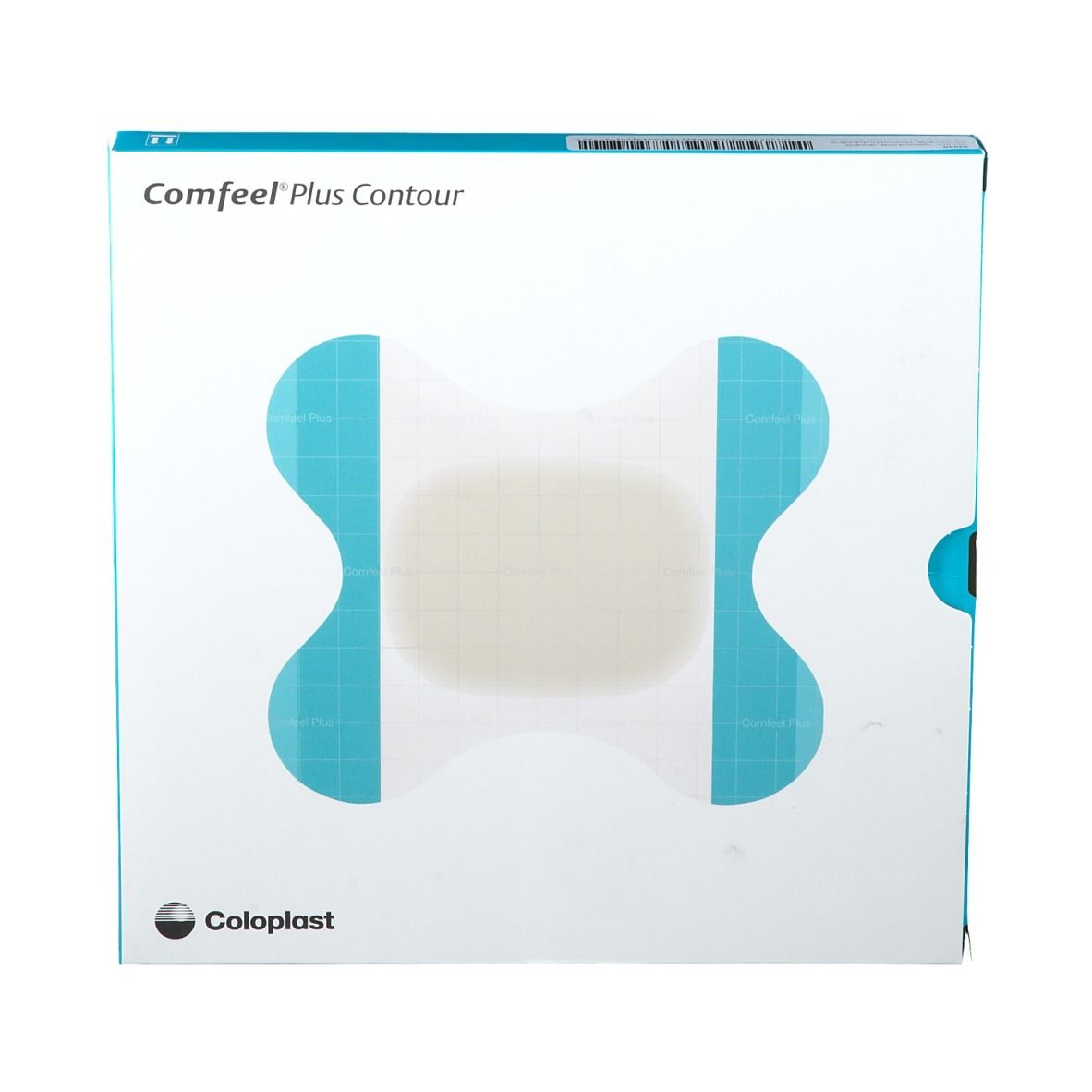 Comfeel® Plus Contour-Verpackung. Quadratische Schachtel mit Produktabbildung und Namen. Blau und weiß.