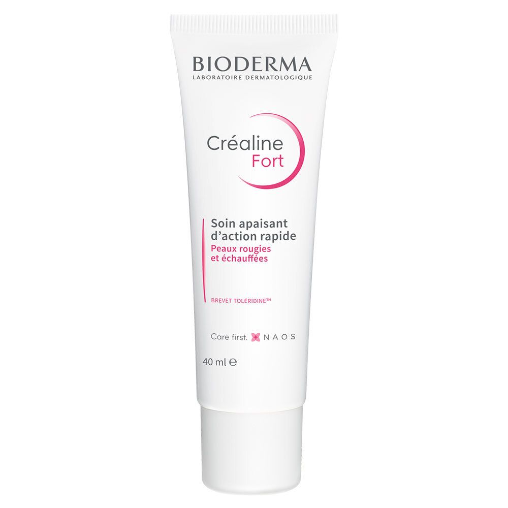 Tube blanc avec texte rouge. "Créaline Fort" et "40 ml" visibles. Marque : Bioderma.