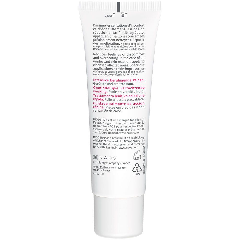 Dos du tube blanc. Texte multilingue. Marque : Bioderma. Informations d'utilisation.