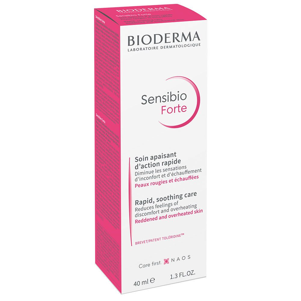 Boîte rose avec texte blanc. "Sensibio Forte" et "40 ml" visibles. Marque : Bioderma.