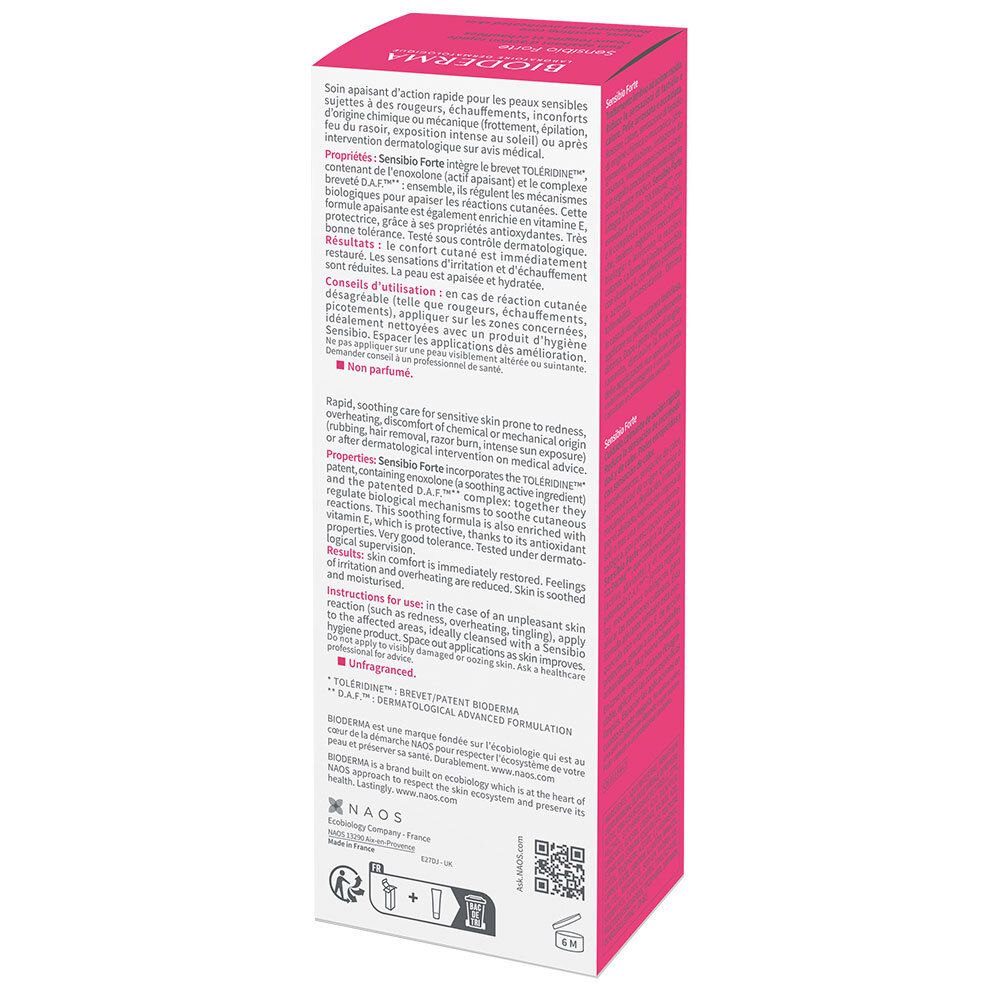 Dos de la boîte rose. Texte multilingue. Marque : Bioderma. Informations d'utilisation.
