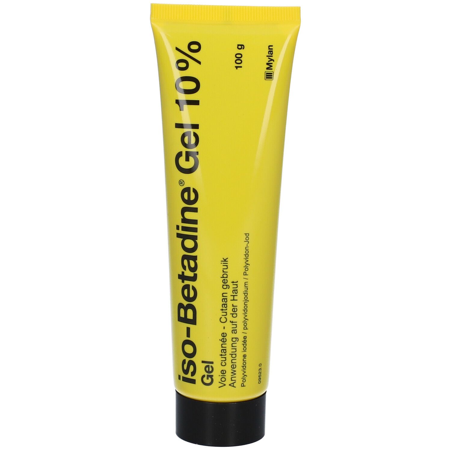 Gele gel tube met zwarte dop. Opschrift: iso-Betadine Gel 10%.