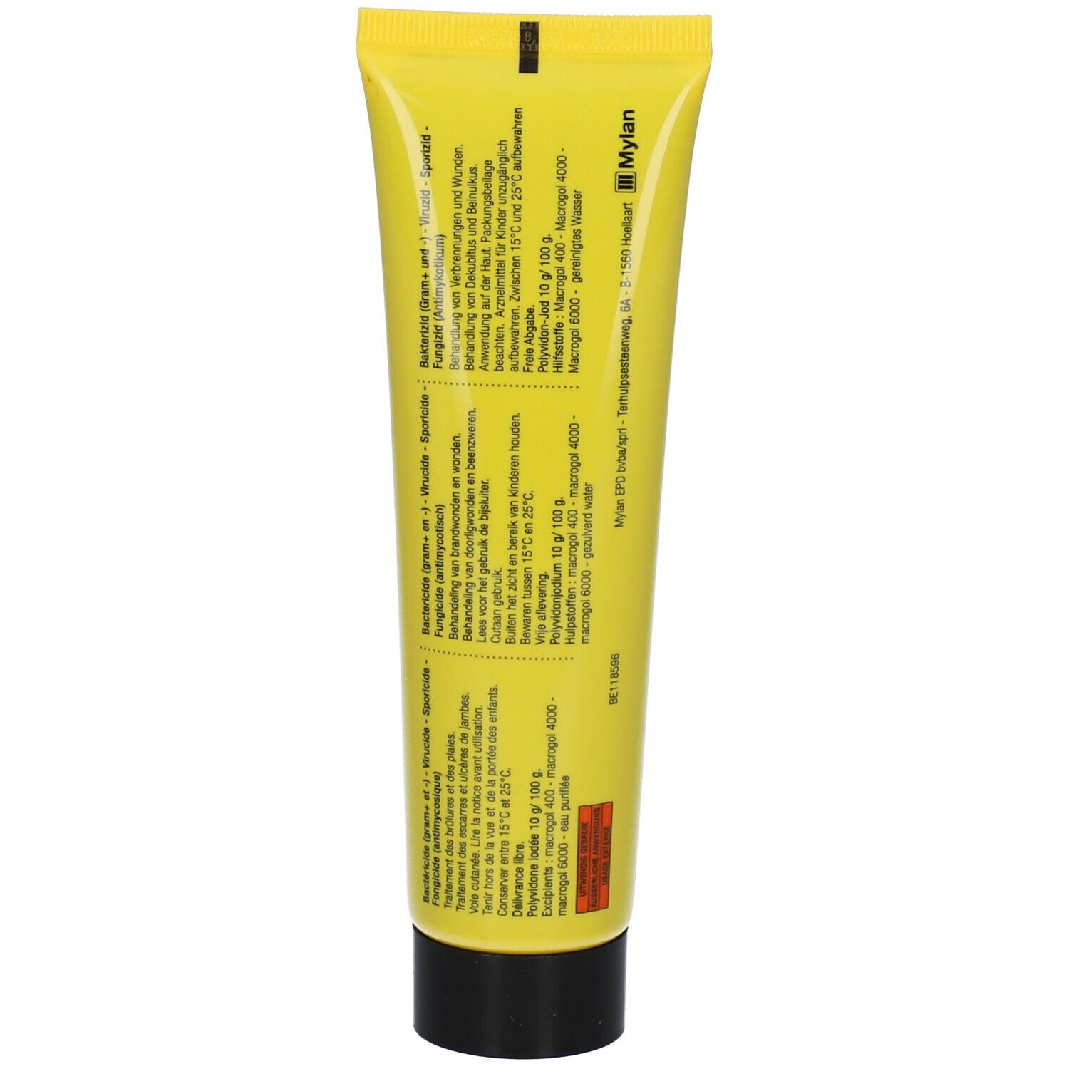 Achterkant van de gele gel tube met tekst. Zwarte dop.