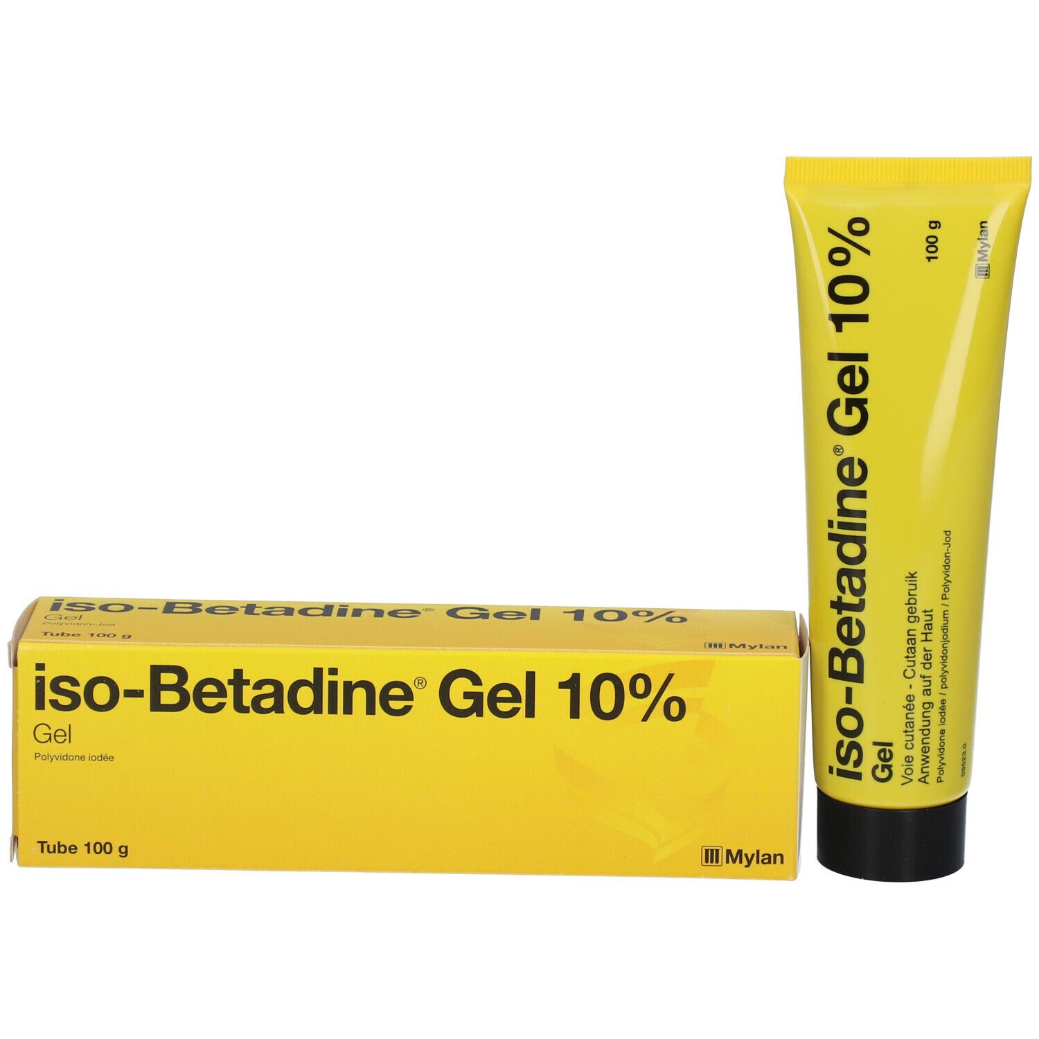 Gel tube en doos. Geel. Opschrift: iso-Betadine Gel 10%.