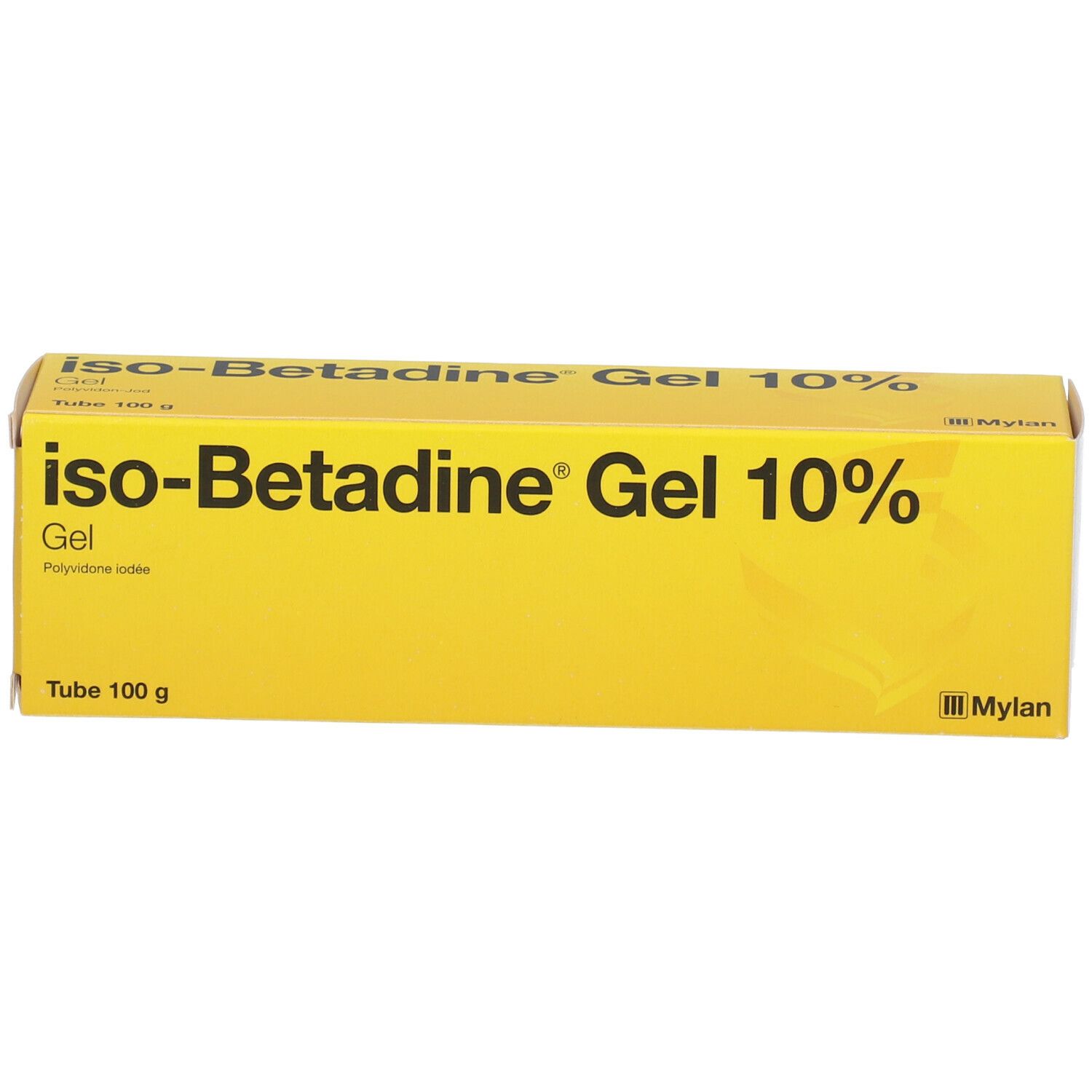 Gele doos met opschrift: iso-Betadine Gel 10%.