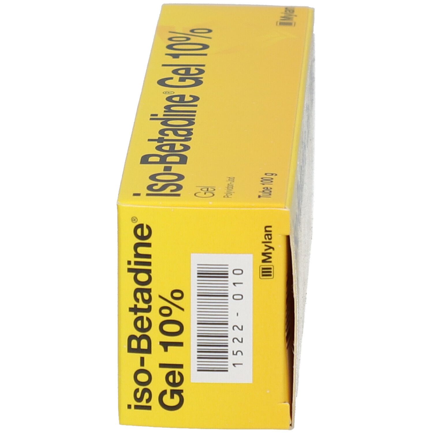 Gele doos, zijaanzicht. Opschrift: iso-Betadine Gel 10%.