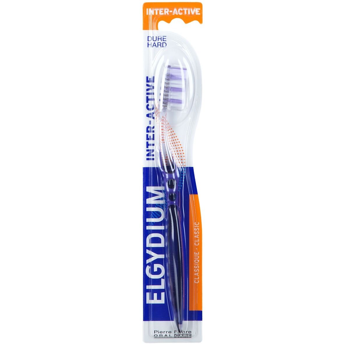 Tandenborstel met blauw handvat, paarse borstelharen en transparante bescherming. Merk Elgydium, Inter-Active.