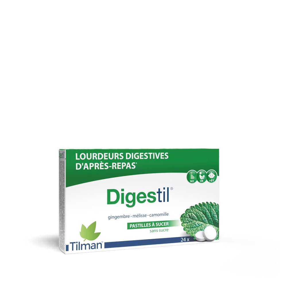 Boîte de Digestil. Boîte verte et blanche avec nom du produit, ingrédients et 24 comprimés.
