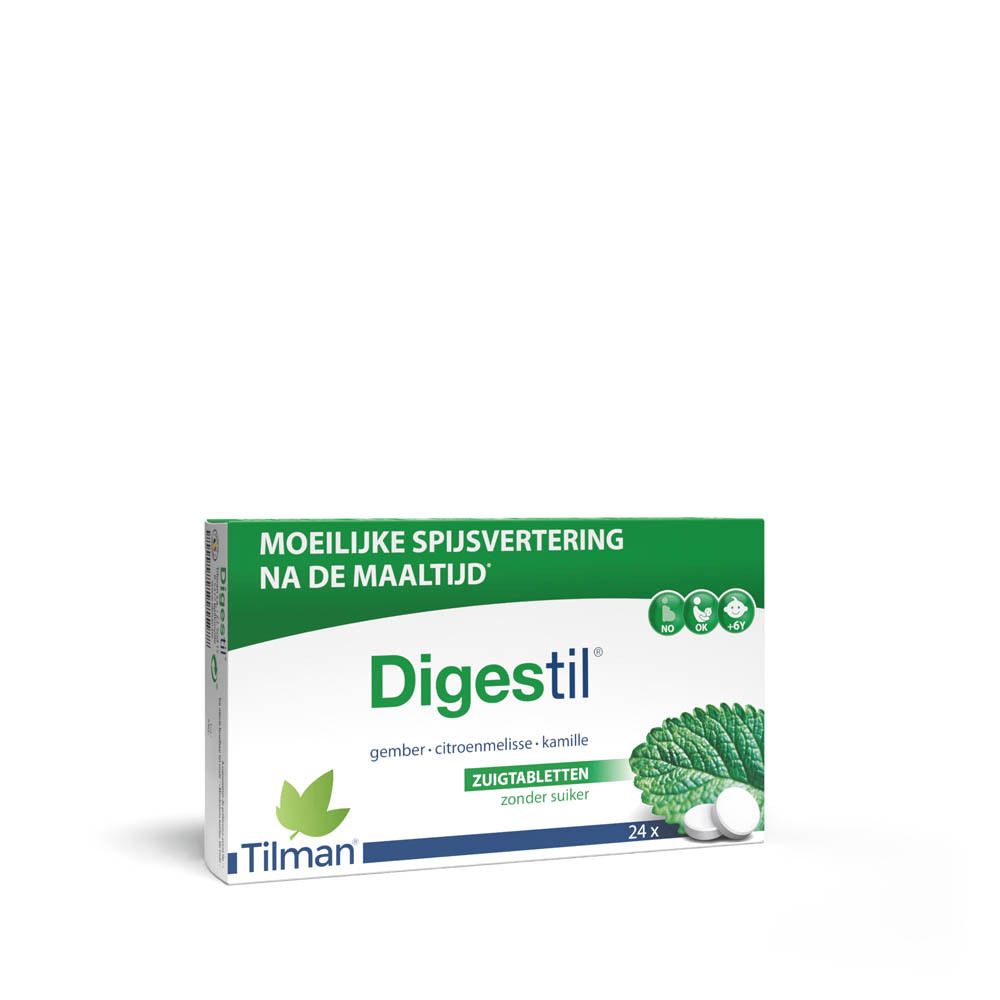 Verpakking Digestil tabletten. Groen-witte doos met productnaam, ingrediënten en 24 tabletten.