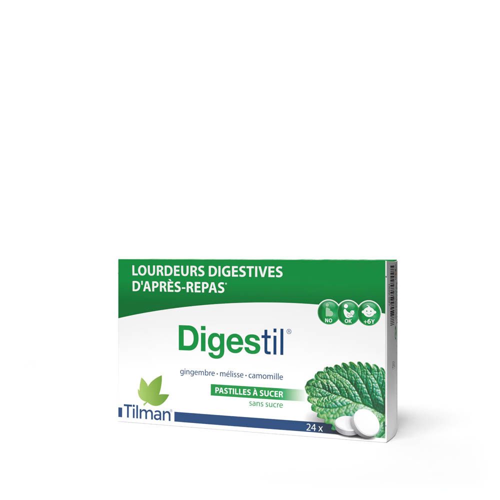Boîte de Digestil. Boîte verte et blanche avec nom du produit, ingrédients et 24 comprimés.