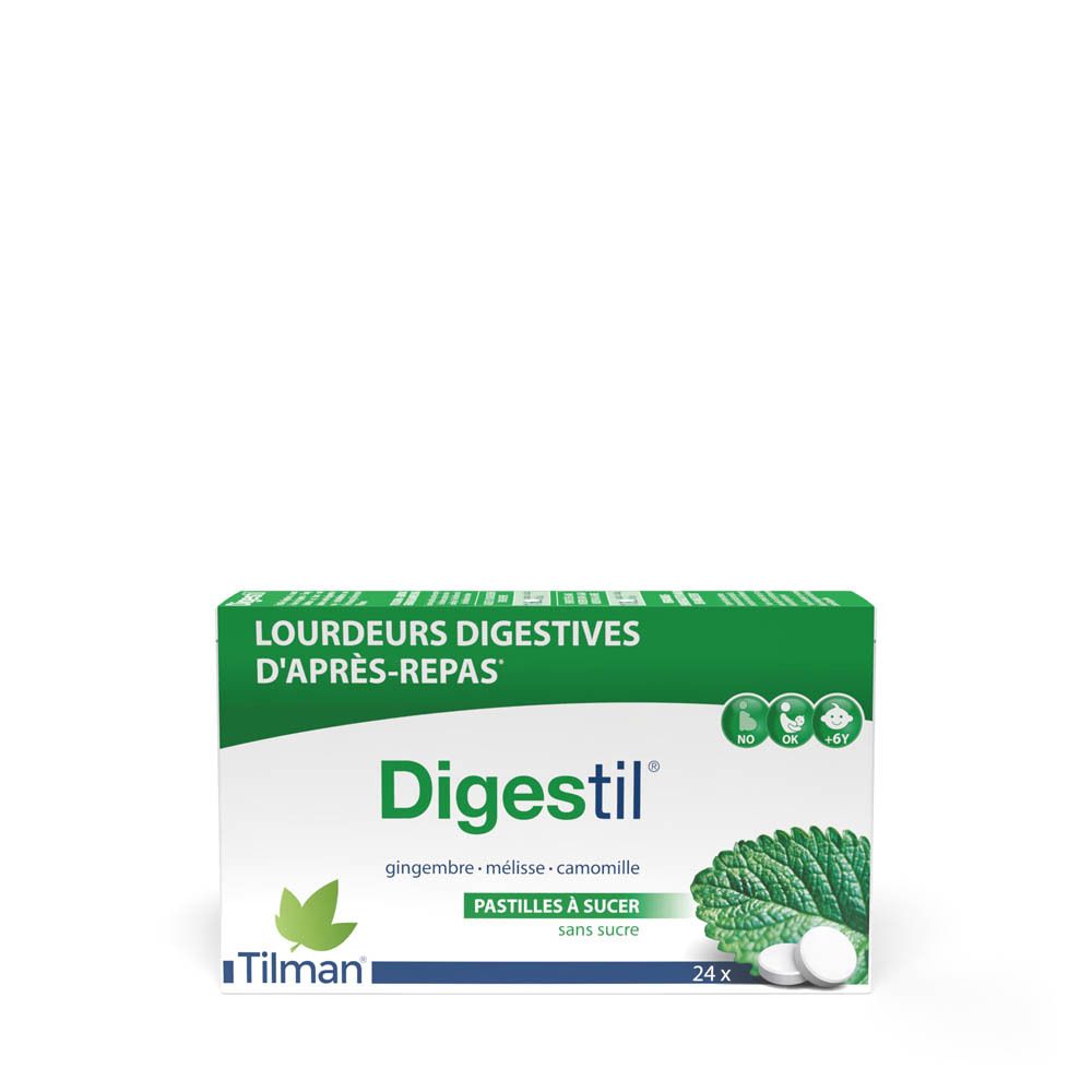 Boîte de Digestil. Boîte verte et blanche avec nom du produit, ingrédients et 24 comprimés.