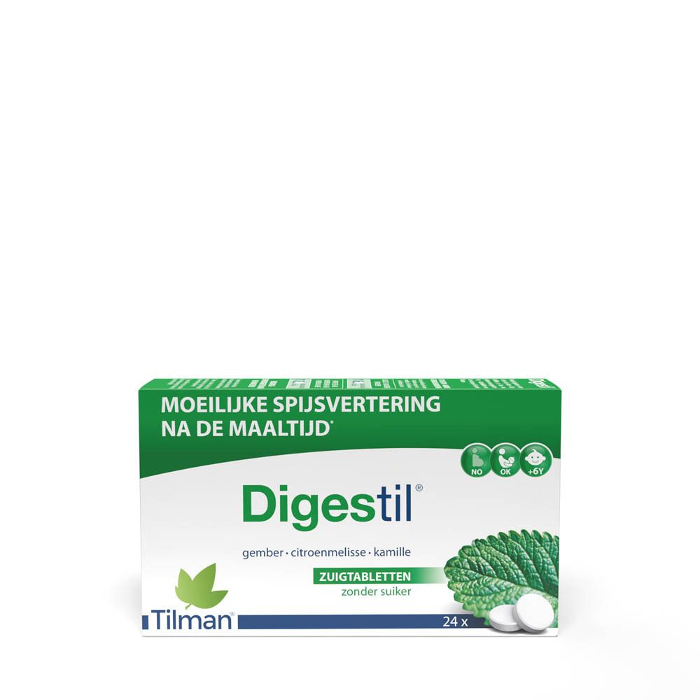 Verpakking Digestil tabletten. Groen-witte doos met productnaam, ingrediënten en 24 tabletten.