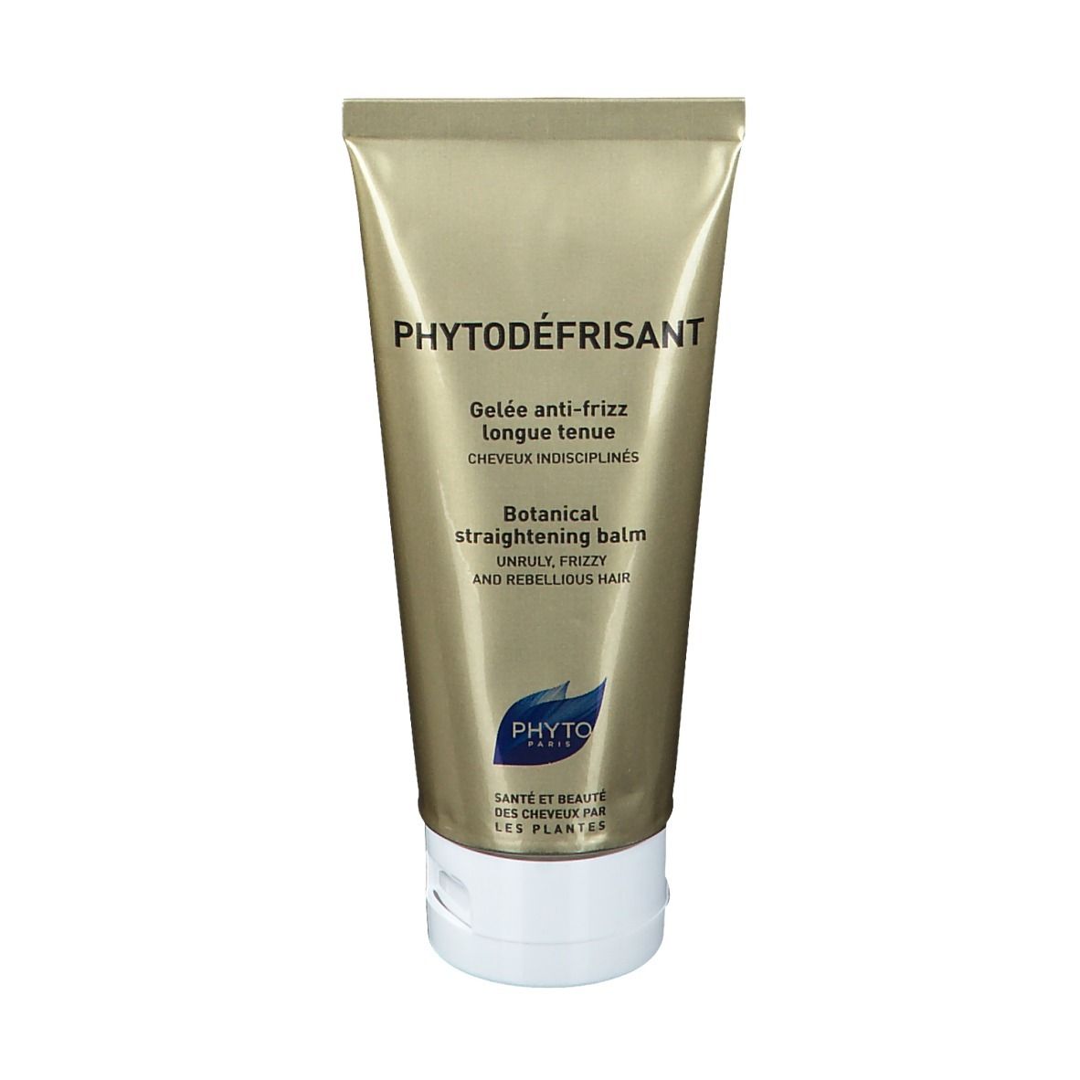Tube dorée PHYTODEFRISANT. Texte noir. Bouchon blanc. Inscription: Botanical straightening balm.