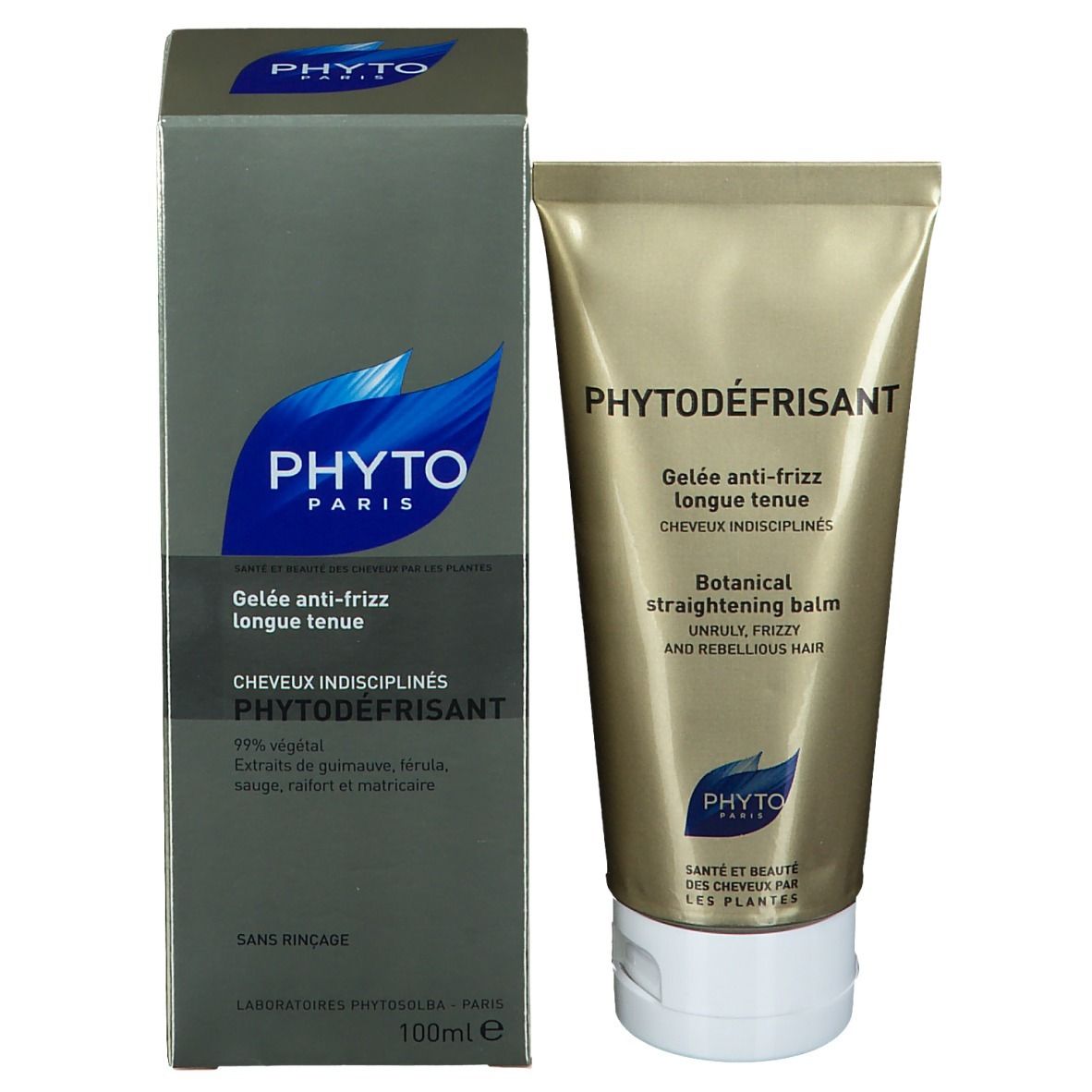 Produit PHYTODEFRISANT avec emballage. Tube doré et boîte grise. Texte noir et bleu. Inscription: PHYTODEFRISANT.