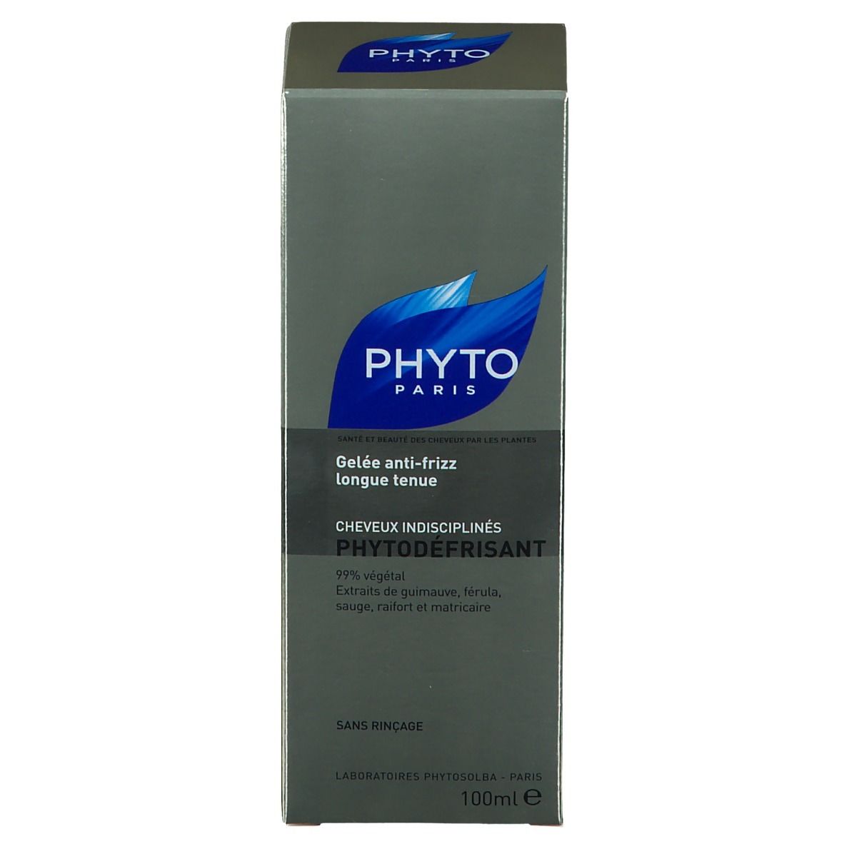 Boîte grise avec nom du produit PHYTODEFRISANT. Logo bleu. Texte noir. Inscription: PHYTODEFRISANT.
