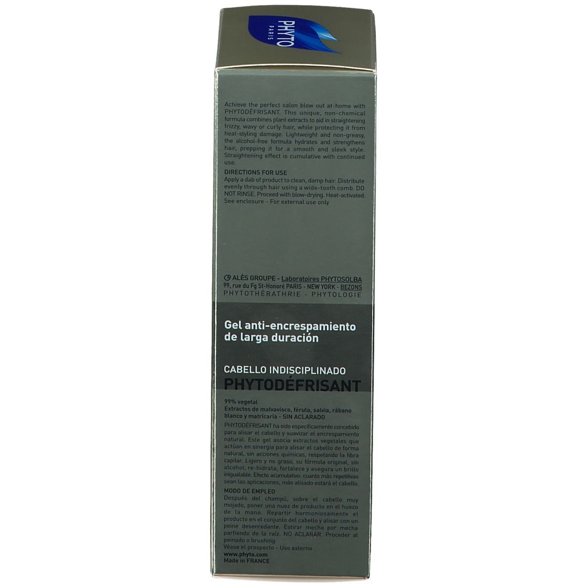 Boîte grise, dos. Texte noir. Nom du produit: PHYTODEFRISANT. Description et instructions. Logo bleu.