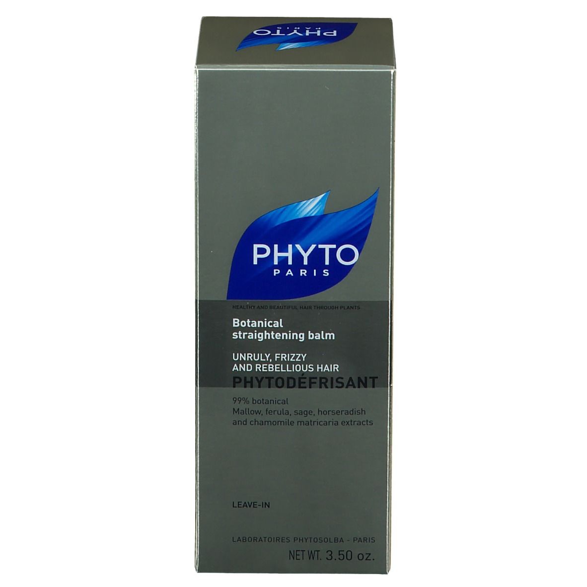 Boîte grise, face avant. Nom du produit: PHYTODEFRISANT. Logo bleu. Texte noir. Inscription: Botanical straightening balm.