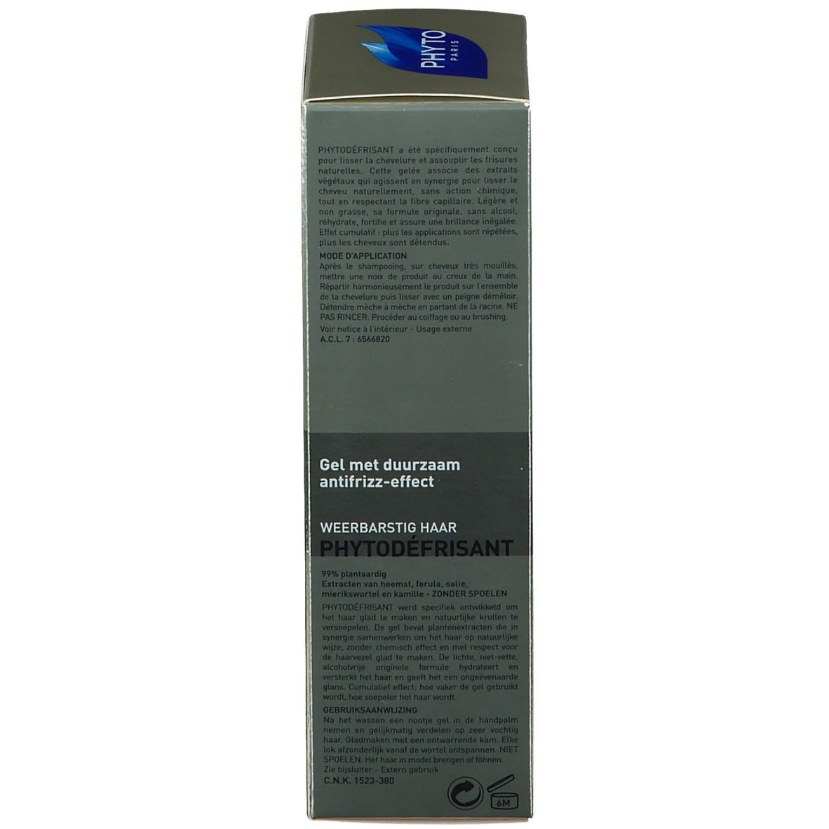 Boîte grise, dos. Texte noir. Nom du produit: PHYTODEFRISANT. Description et instructions. Logo bleu.