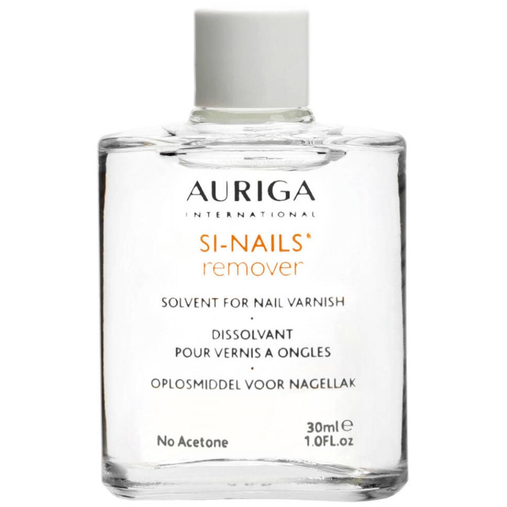 Flacon transparent avec bouchon blanc. Inscription: AURIGA, SI-NAILS remover. 30ml, 1.0 Fl.oz. Sans acétone.